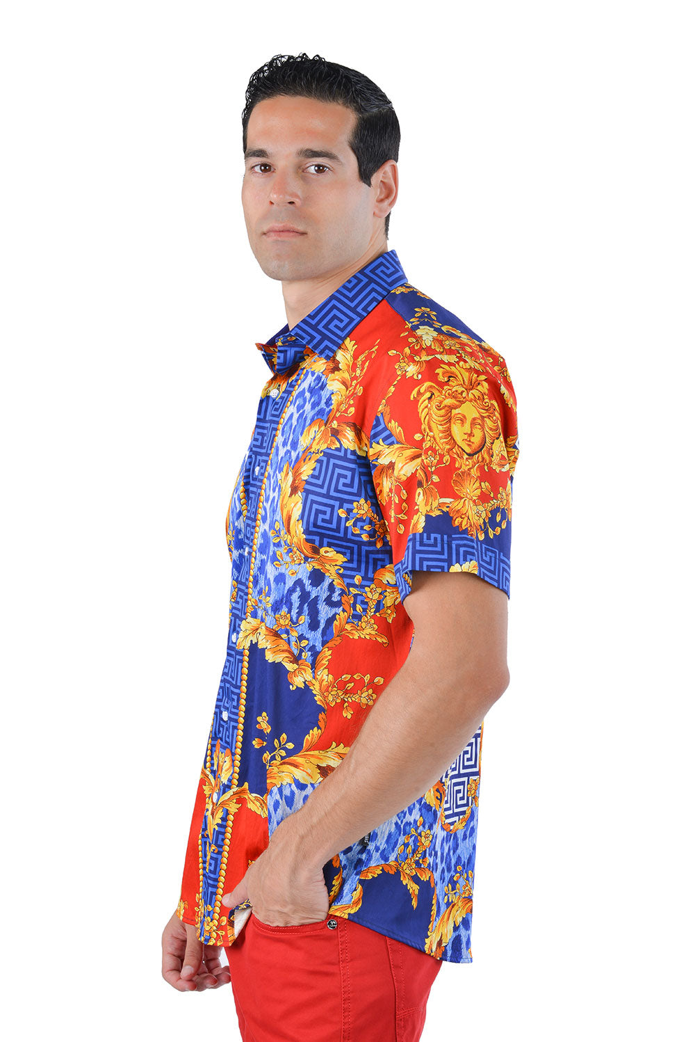 BARABAS Men's greek key and animal print graphic short sleeve shirt SS01 red