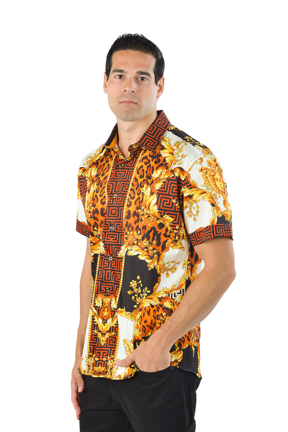 BARABAS Men's Medusa Greek Pattern Leopard Short Sleeve Shirt SS01 Gold