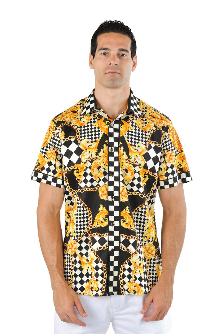 BARABAS Men's checkered chain graphic short sleeve shirt SS02 black