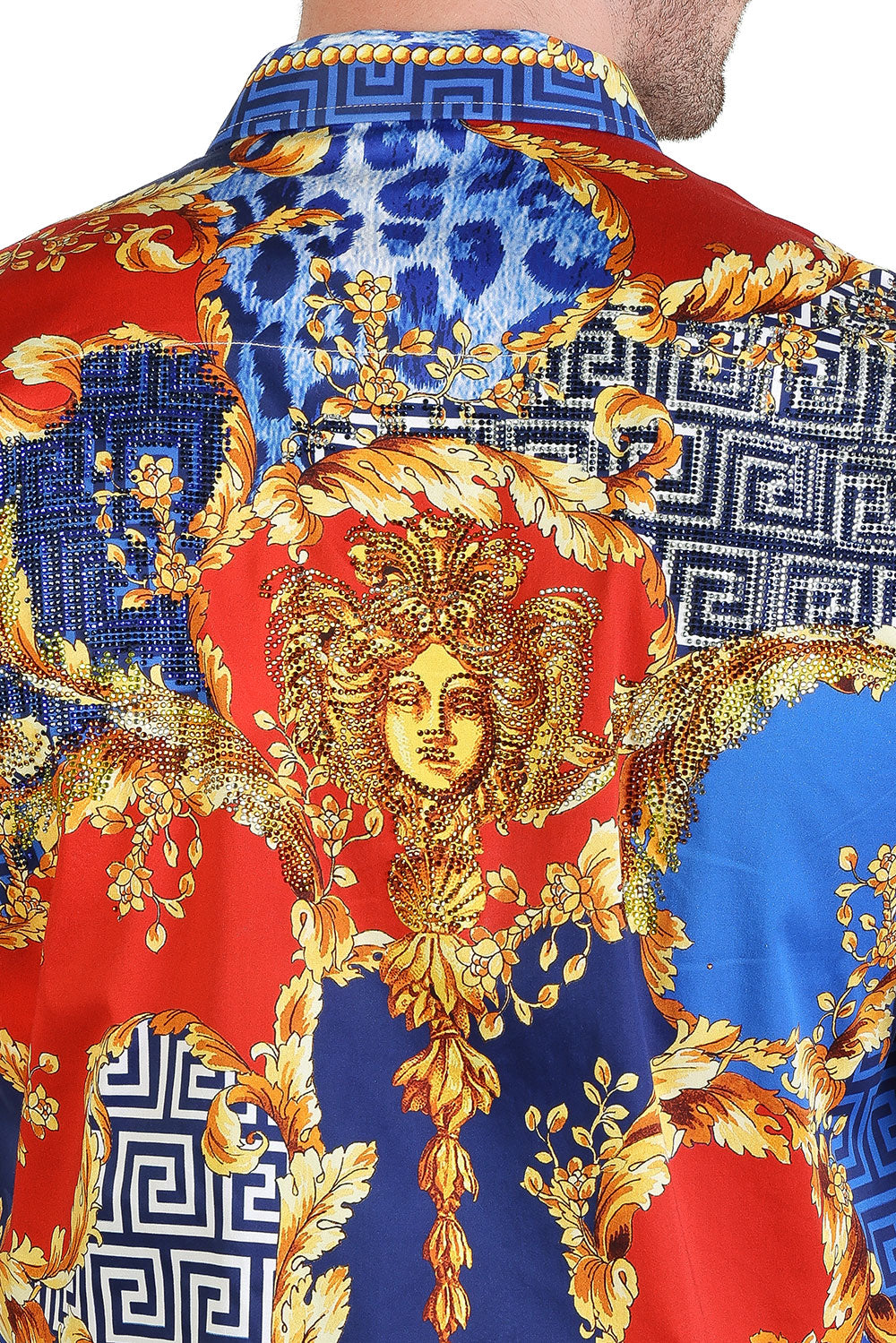 BARABAS Men's Floral Greek Pattern Baroque Short Sleeve Shirt SSR01 Blue Red