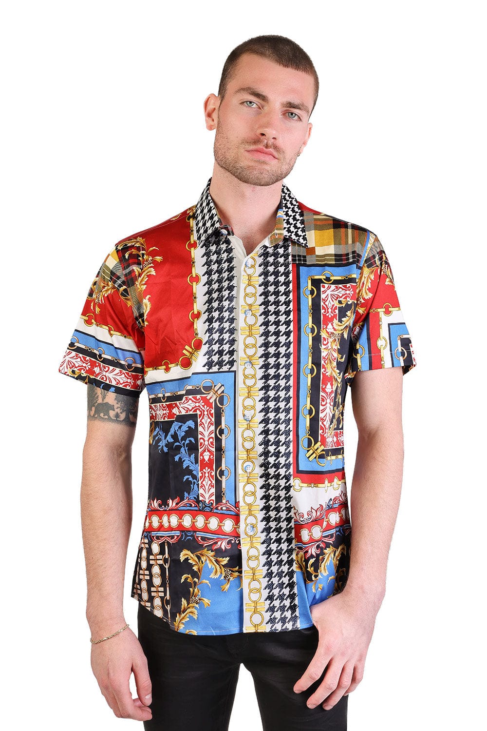 Barabas Men's Rhinestone Watercolor Floral Short Sleeve Shirts SSR06