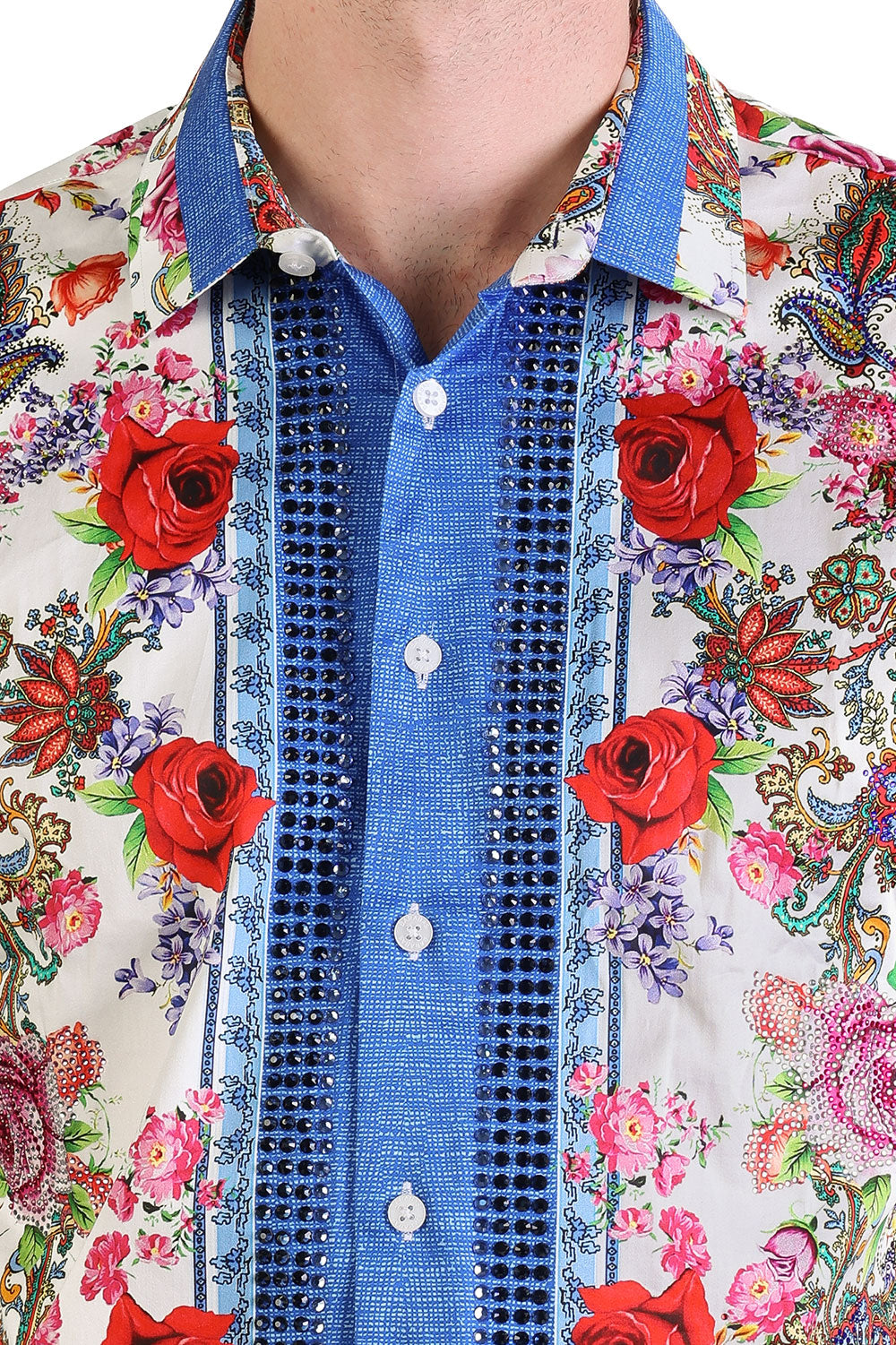 BARABAS Men's Rhinestone Floral Baroque Printed Short Sleeve Shirt SPR265 Blue White