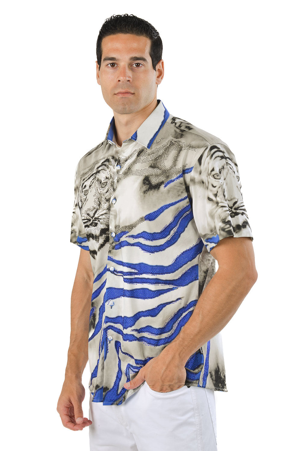 BARABAS Men's Rhinestone Tiger Scratch Short Sleeve Shirt SSR11 Blue