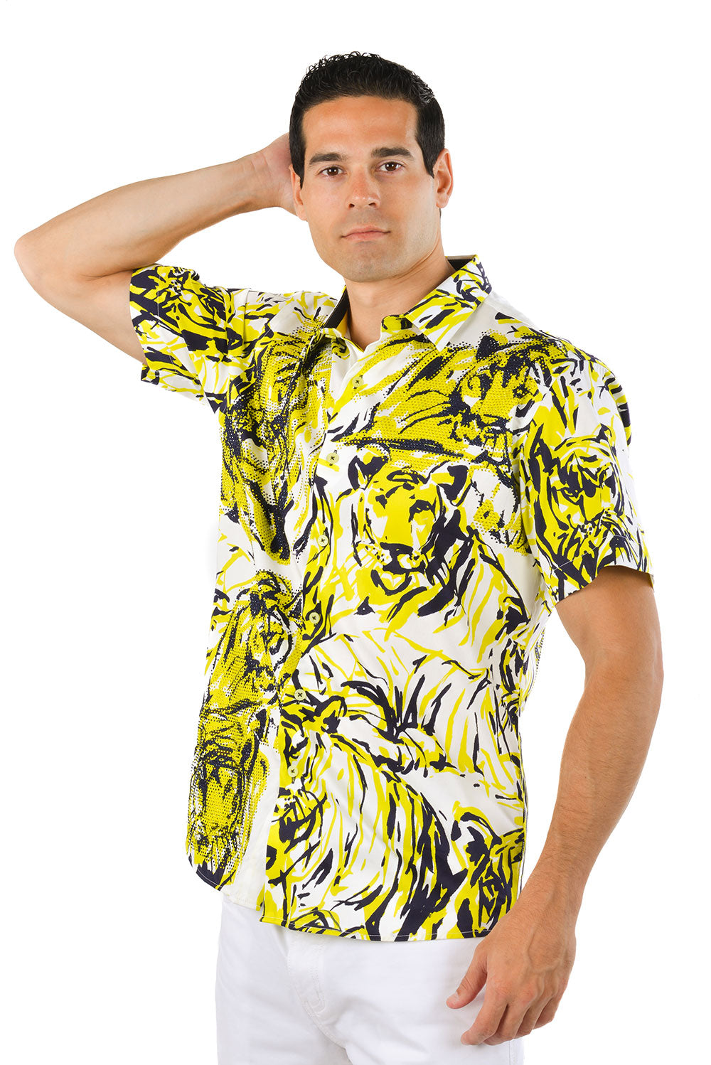 Barabas Men's Lion Printed Rhinestone Short Sleeve Shirt SSR18 Citron