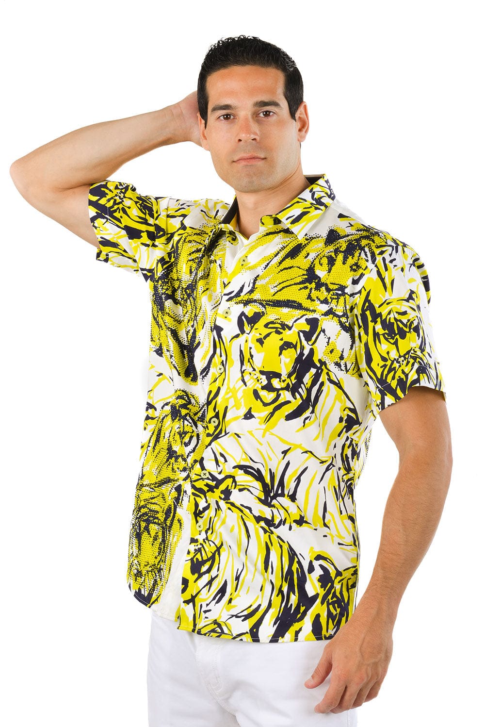 Barabas Men's Lion Printed Rhinestone Short Sleeve Shirt SSR18 Citron