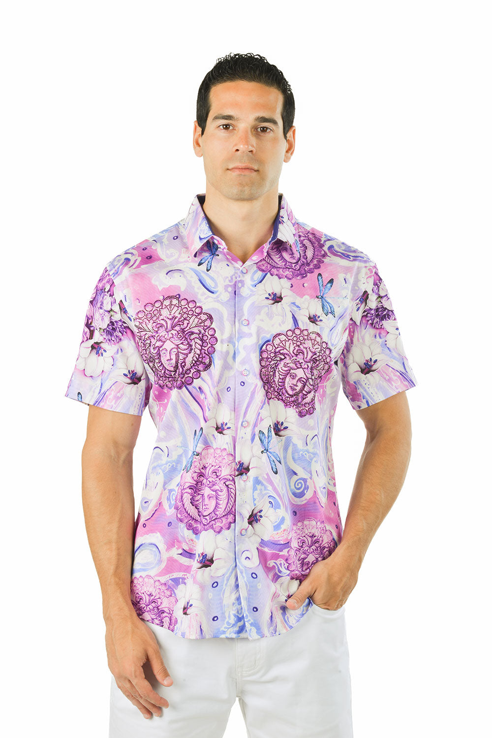 BARABAS Men's medusa paisley rhinestones short sleeve shirt SSR19