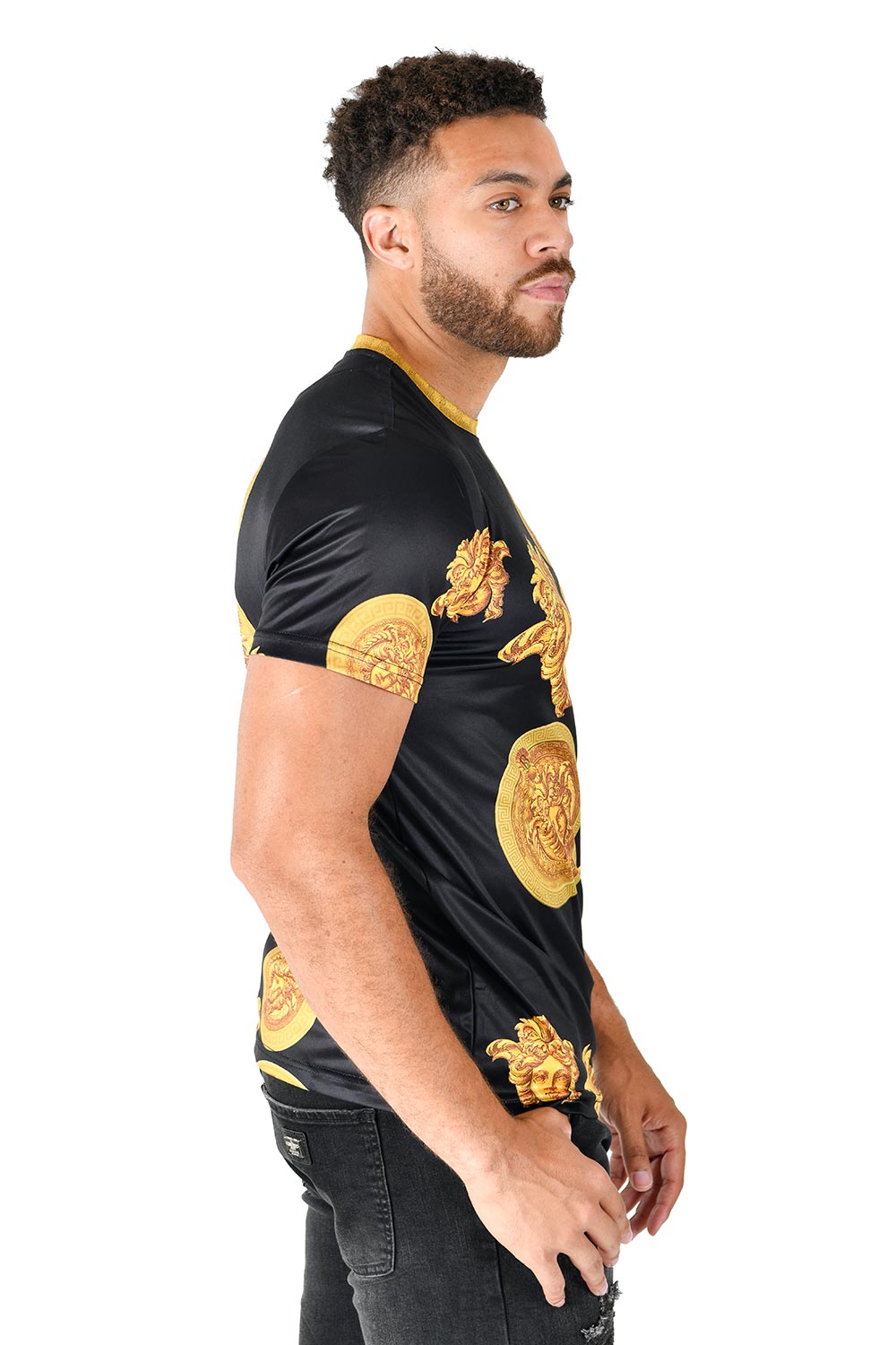 Barabas men's Medusa Greek Key Pattern Crew Neck T-Shirt STP3005 Black Gold