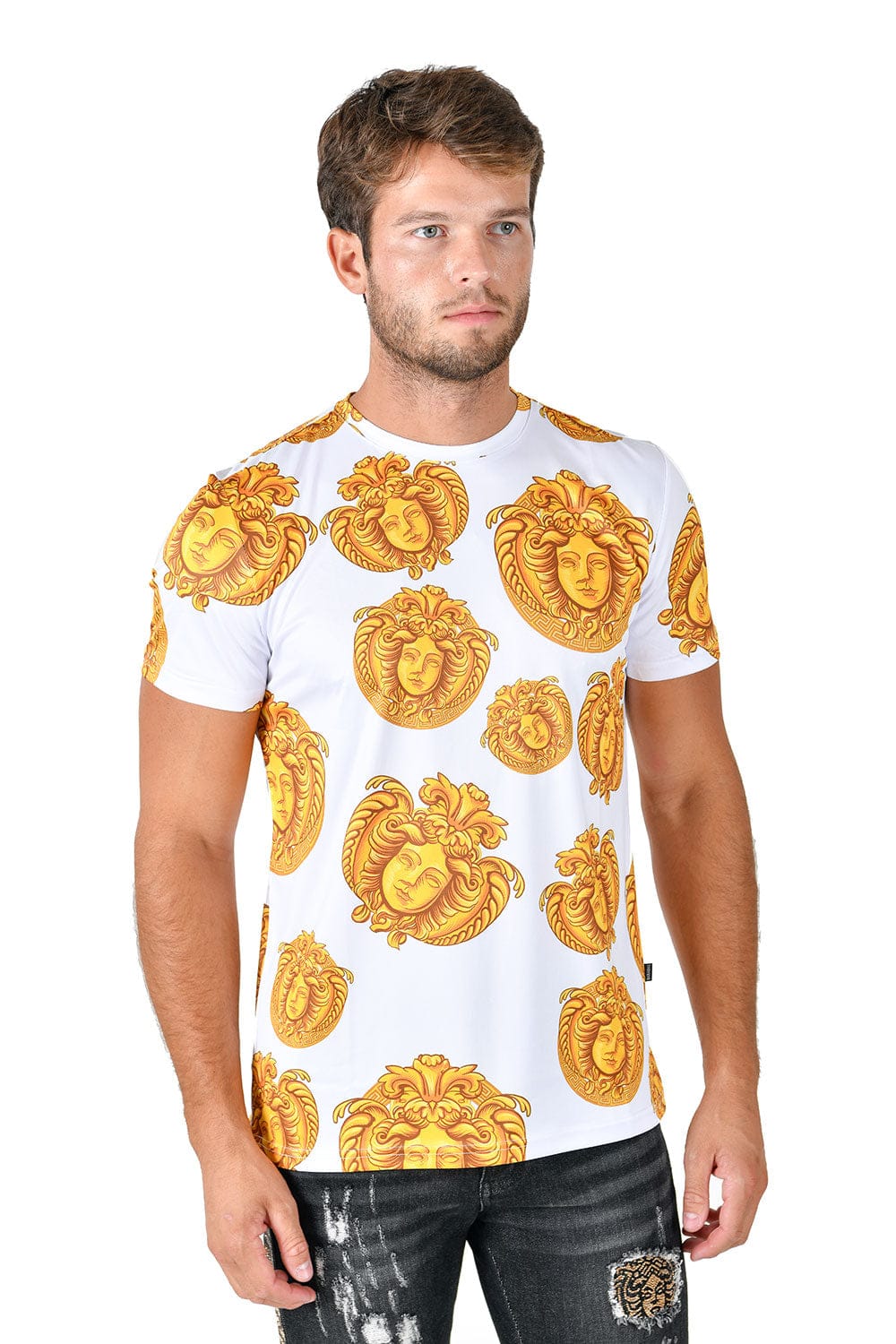 Barabas men's Medusa Greek Key Pattern Crew Neck T-Shirt STP3005 #Color_White
