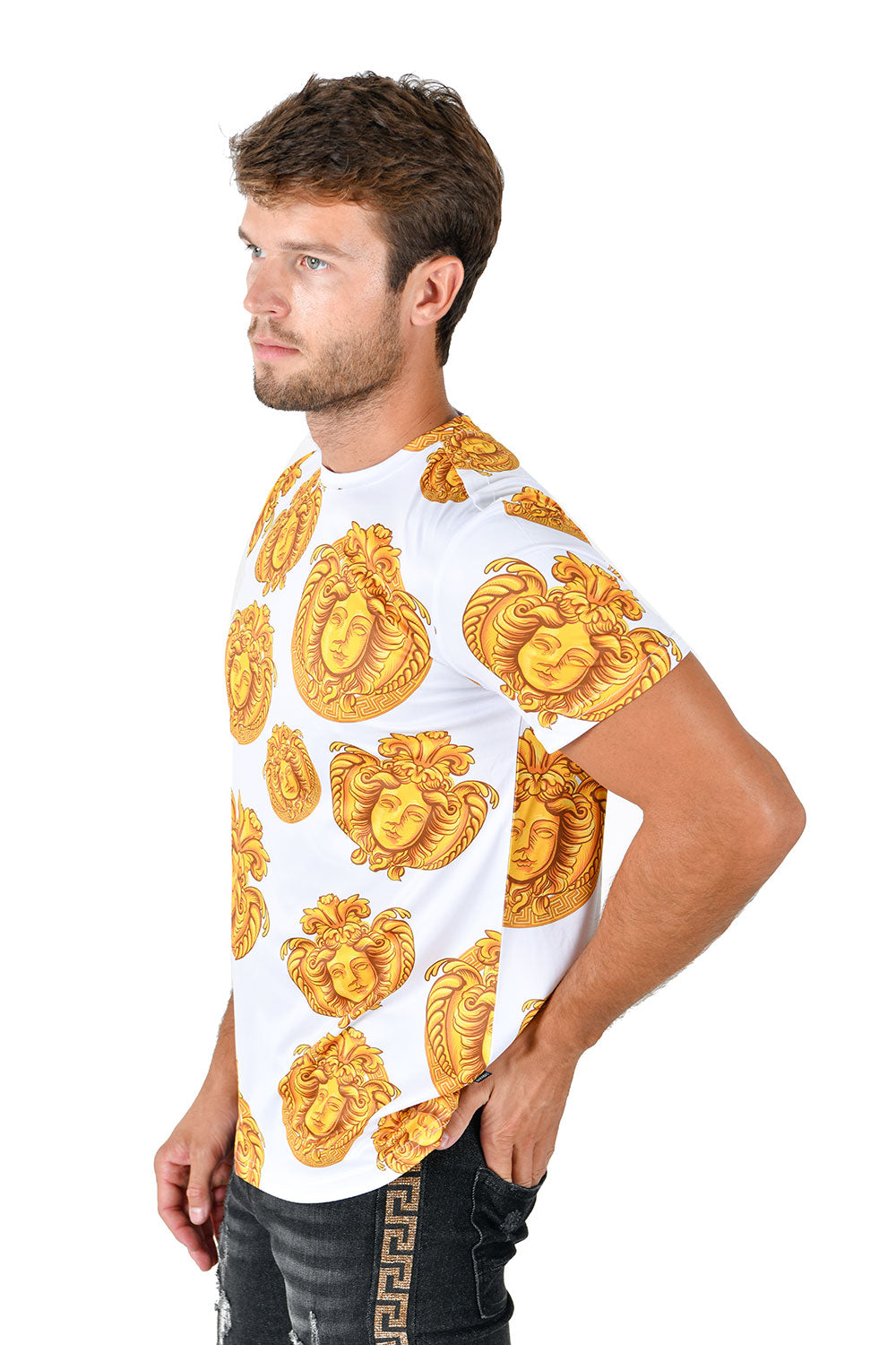 Barabas men's Medusa Greek Key Pattern Crew Neck T-Shirt STP3005 White Gold