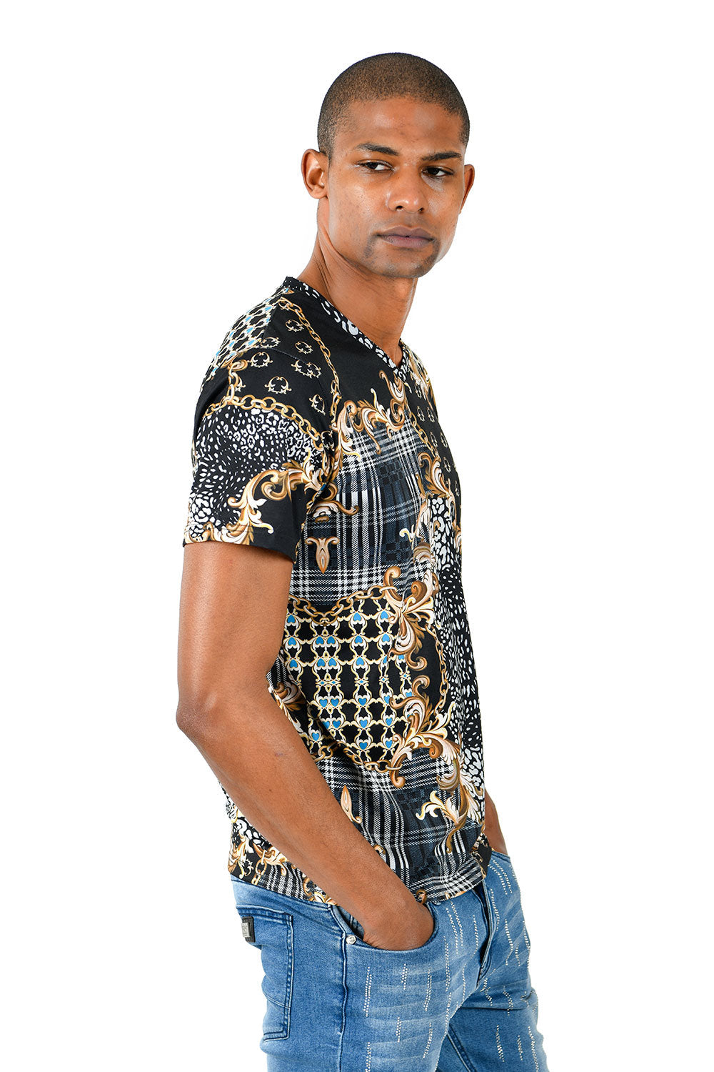 Barabas Men's Luxury Floral Checkered Printed V-Neck t-Shirts TV206 Gold