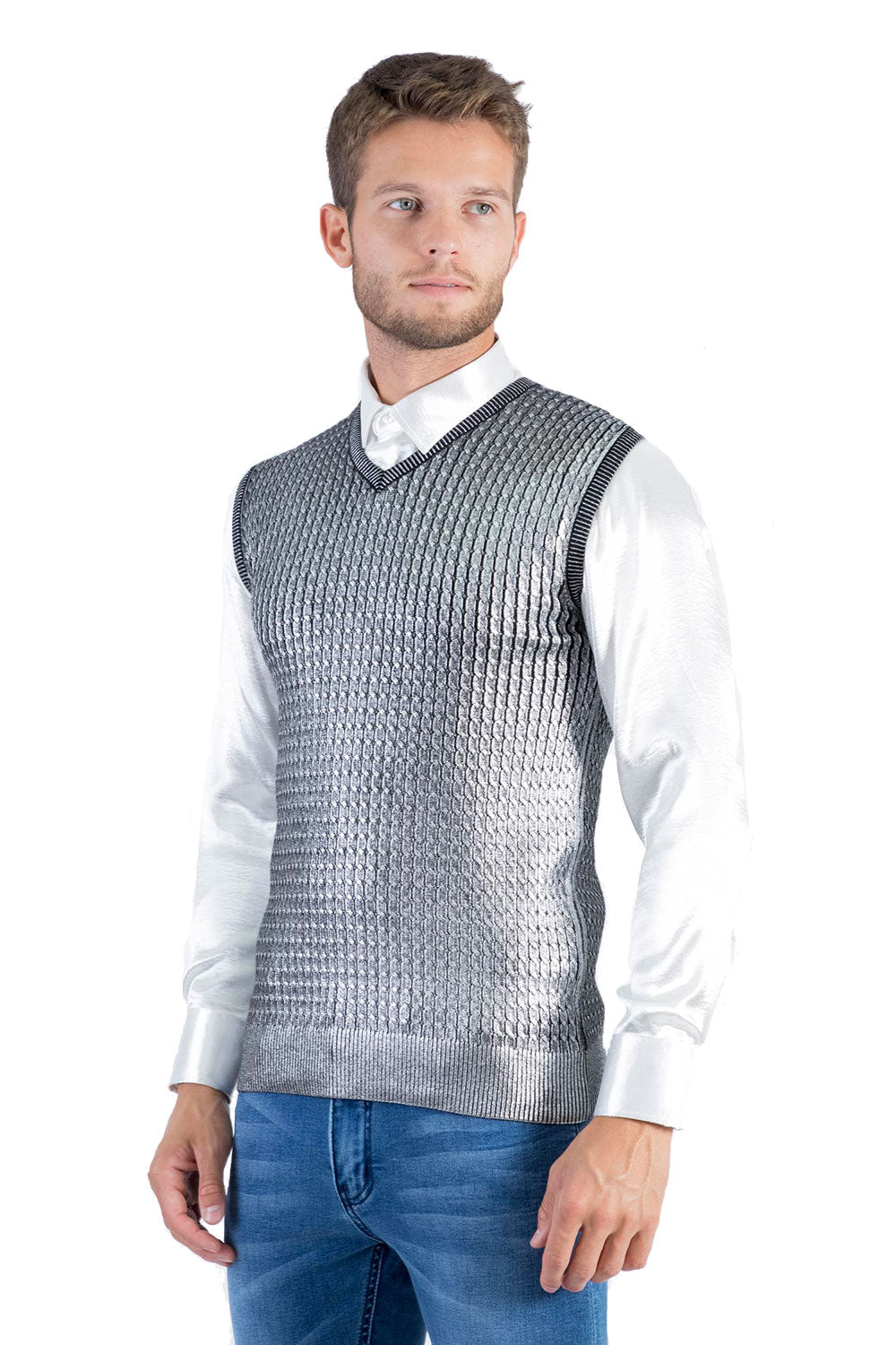 BARABAS Men's Shiny Sleeveless Fisherman Knitted Sweater Vest WV201 Silver