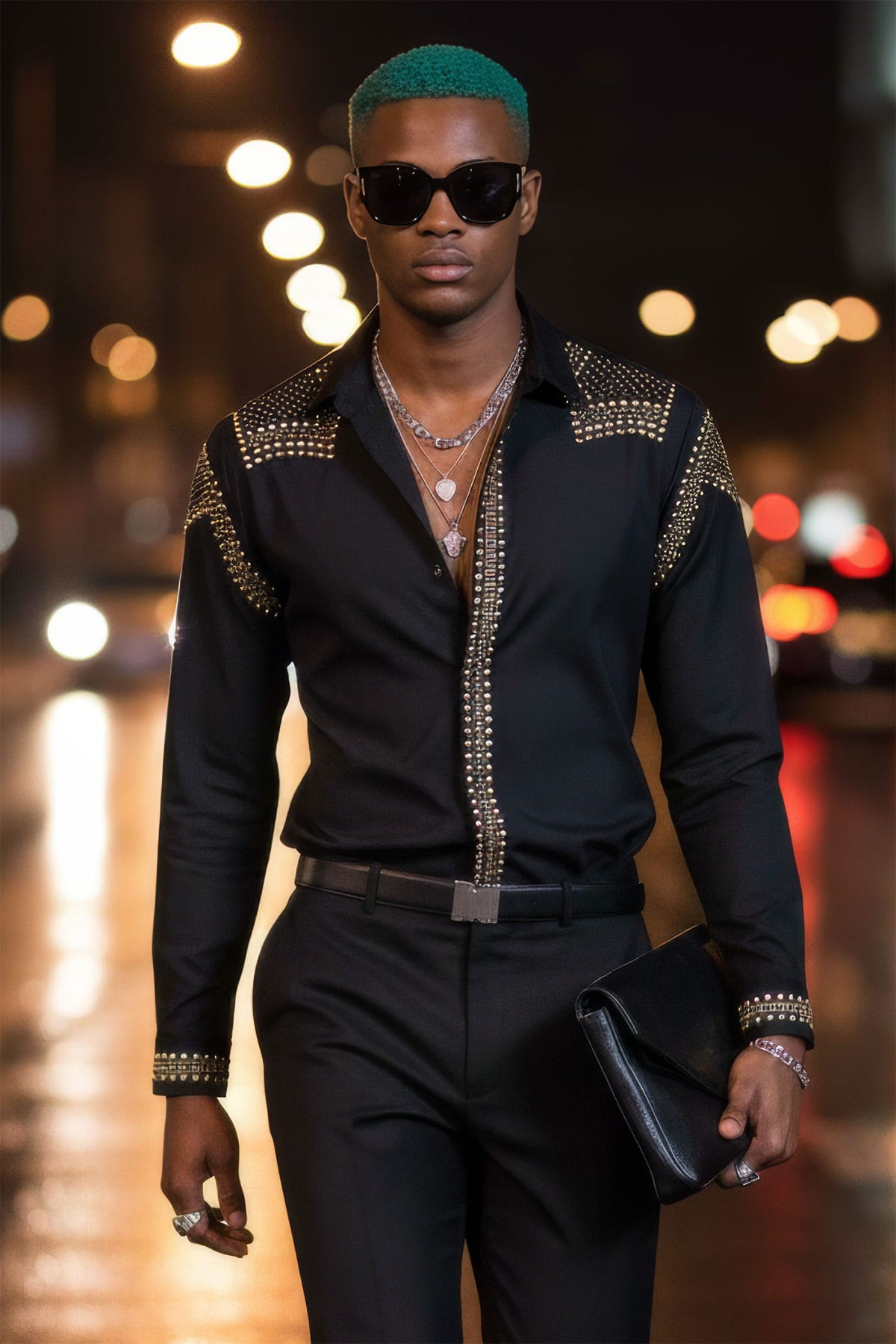 Man wearing the BARABAS Bad Boy Rivet-Studded Long Sleeve Shirt in black