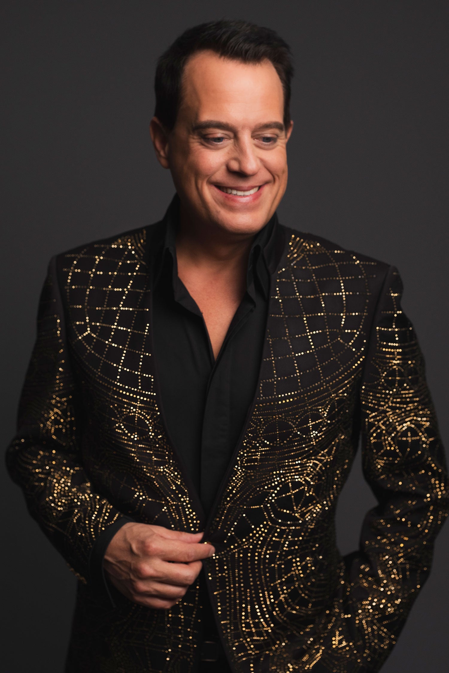 Dignified Mod Blazer in Black Gold styled for formal black tie event