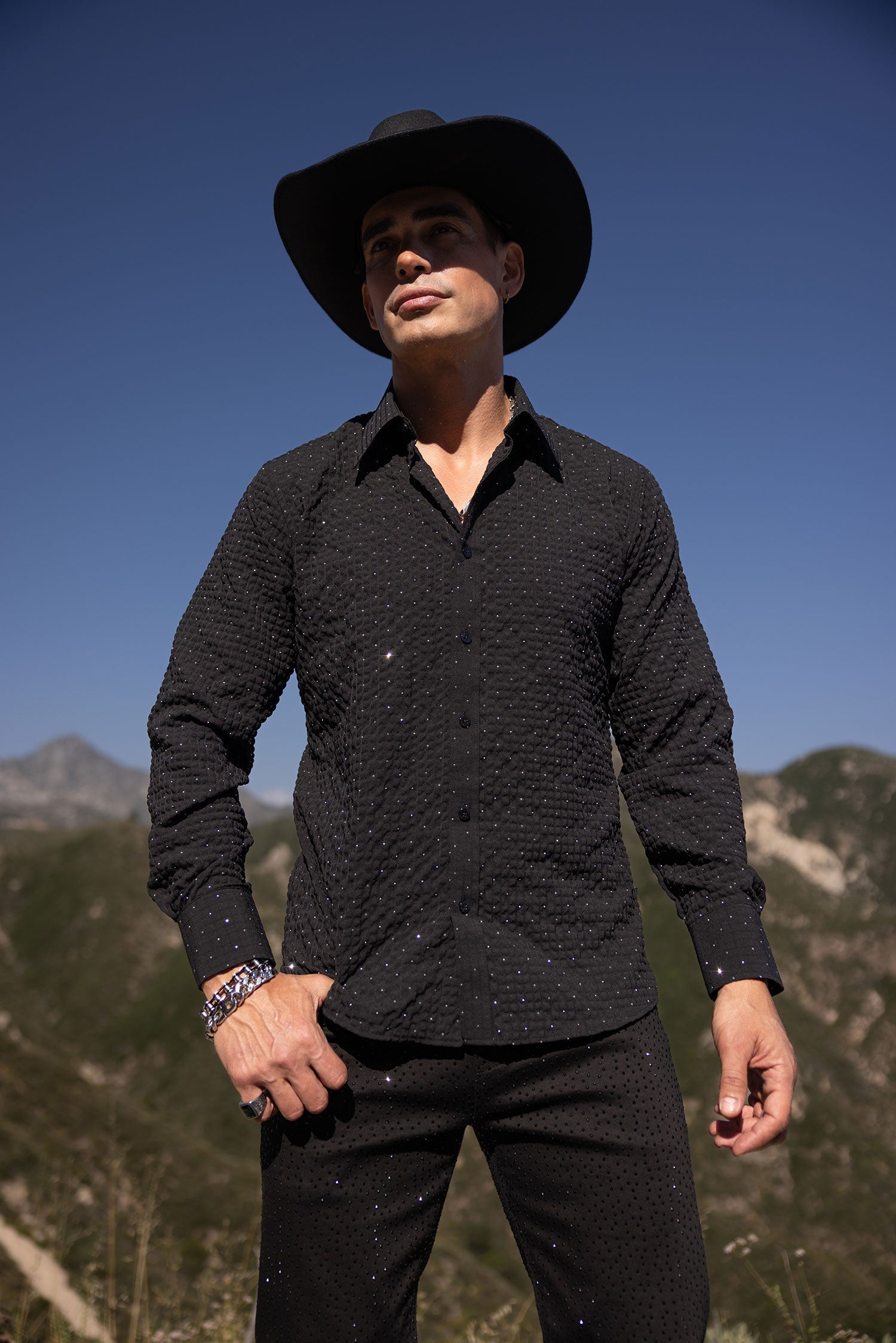 BARABAS Men's Premium Rhinestones Button Down Long Sleeve Shirt - Nightlife Fashion