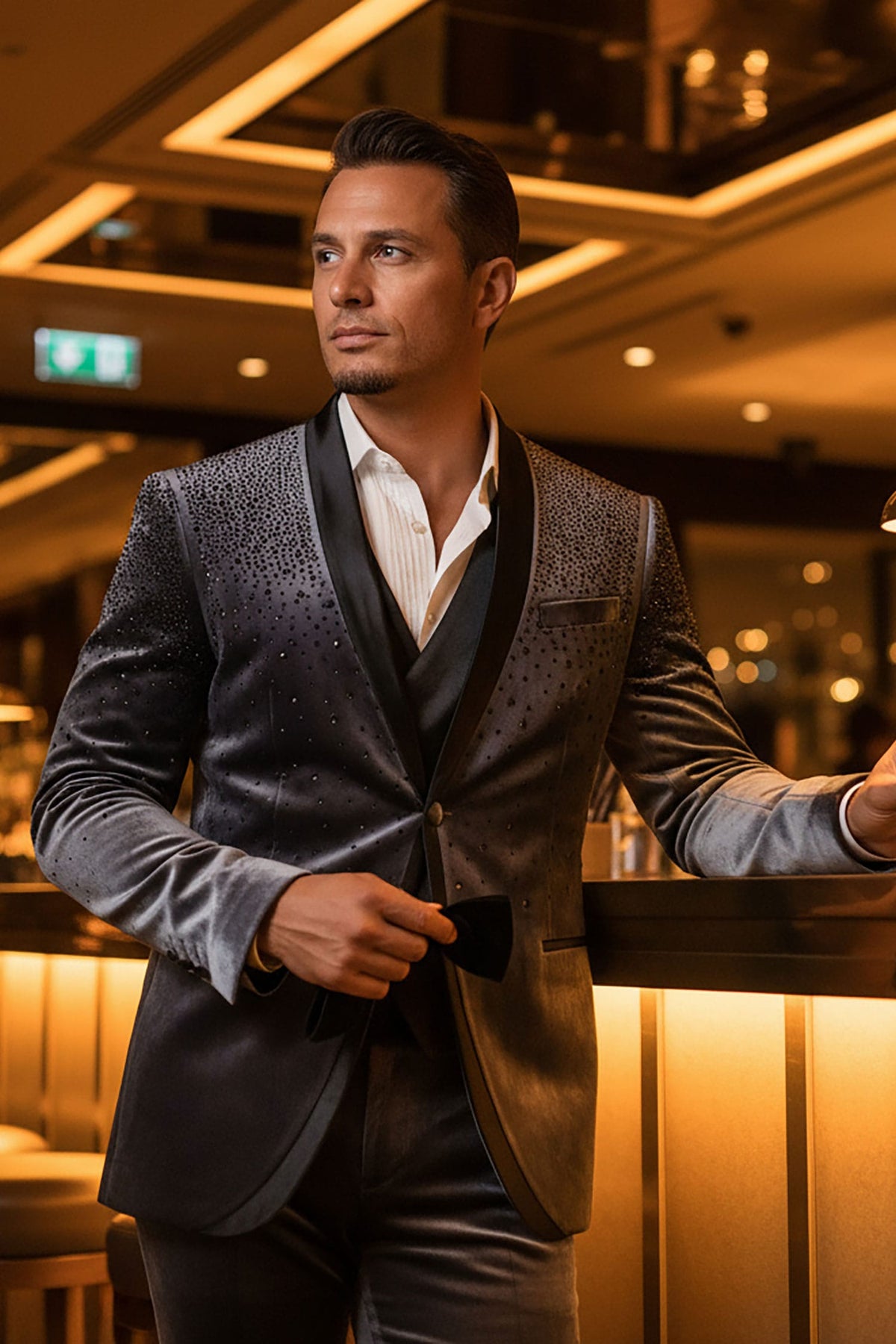 BARABAS Glitterhod Velvet Rhinestone Suit Dark Grey — Halloween designer outfit ideas for men