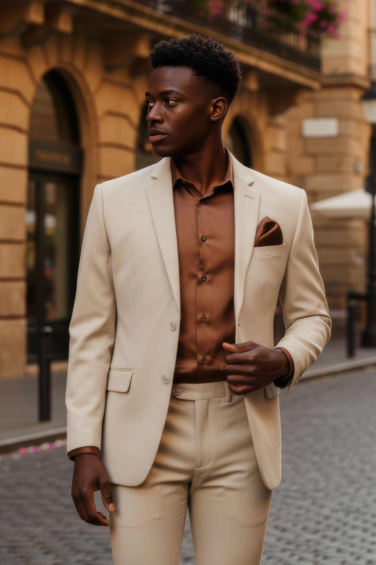 Man wearing a tan quiet luxury blazer, an example of old money style menswear