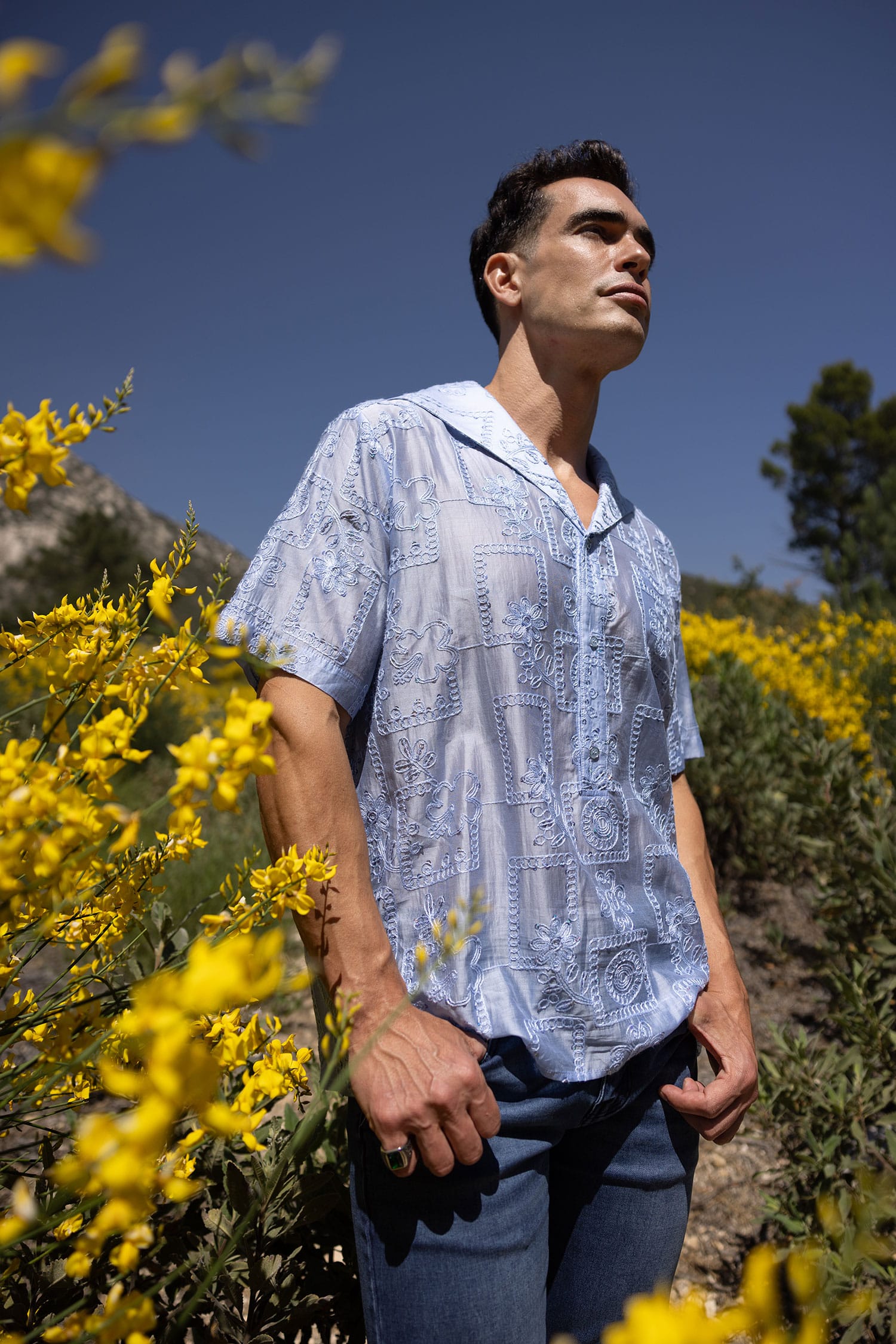 Luxury athleisure - elegant Cuban collar embroidered shirt with refined casual style