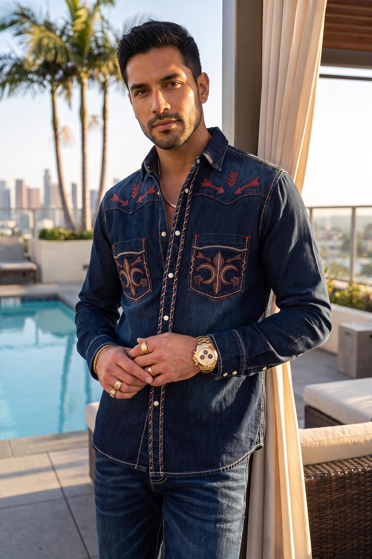 BARABAS Fleur Denim Western Long Sleeve Shirt in Dark Blue — modern vaquero style for Latino men