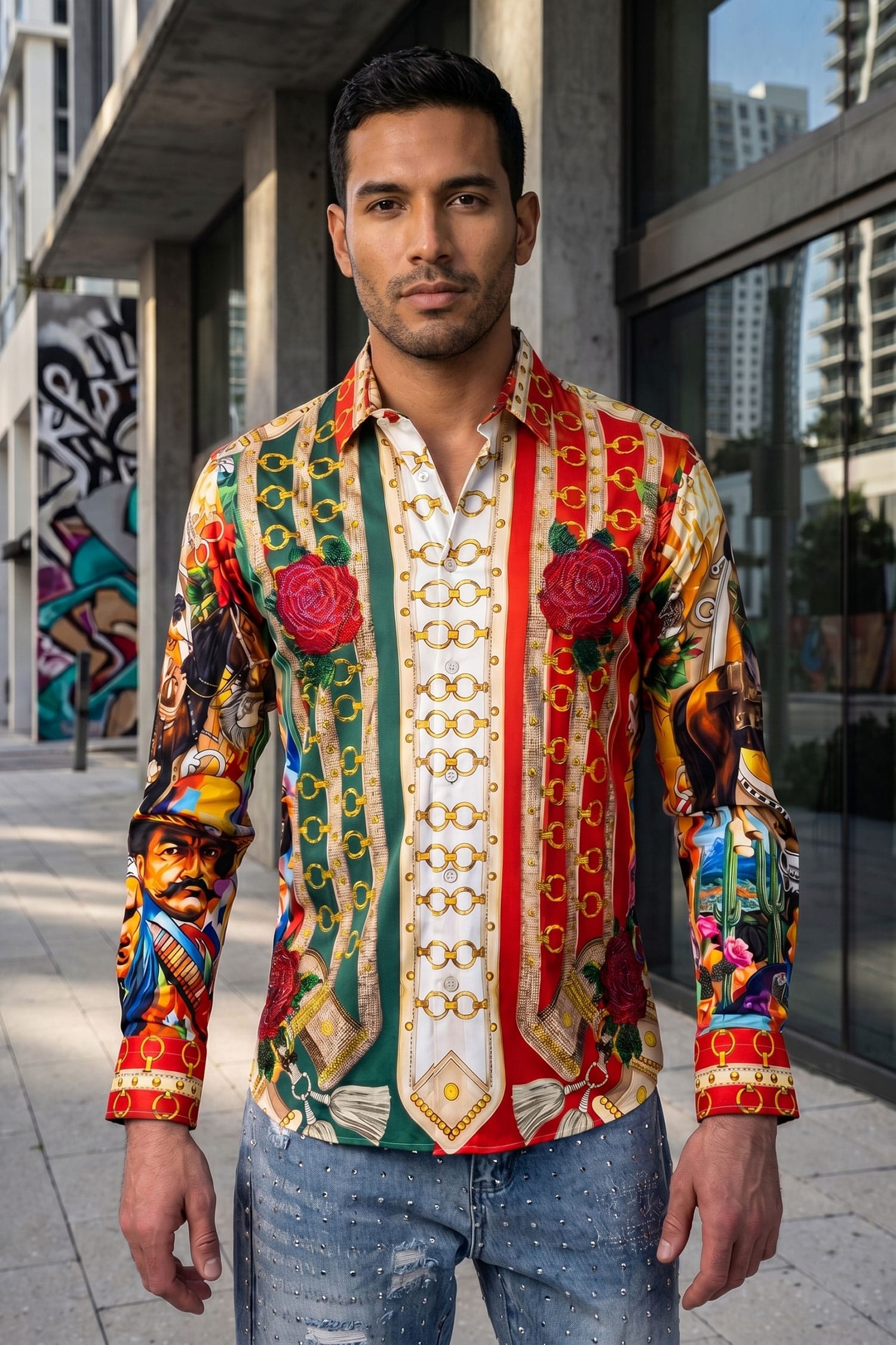 Barabas Viva Villa Western Floral Long Sleeve Shirt featuring intricate floral patterns with rhinestone accents
