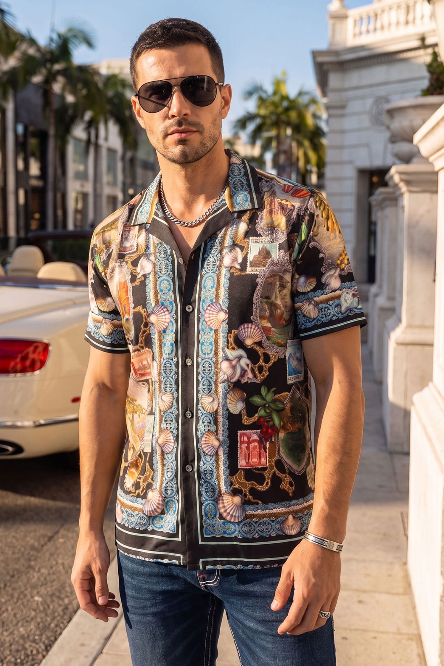 Coral Rhinestone Camp Collar Short Sleeve Shirt by Barabas