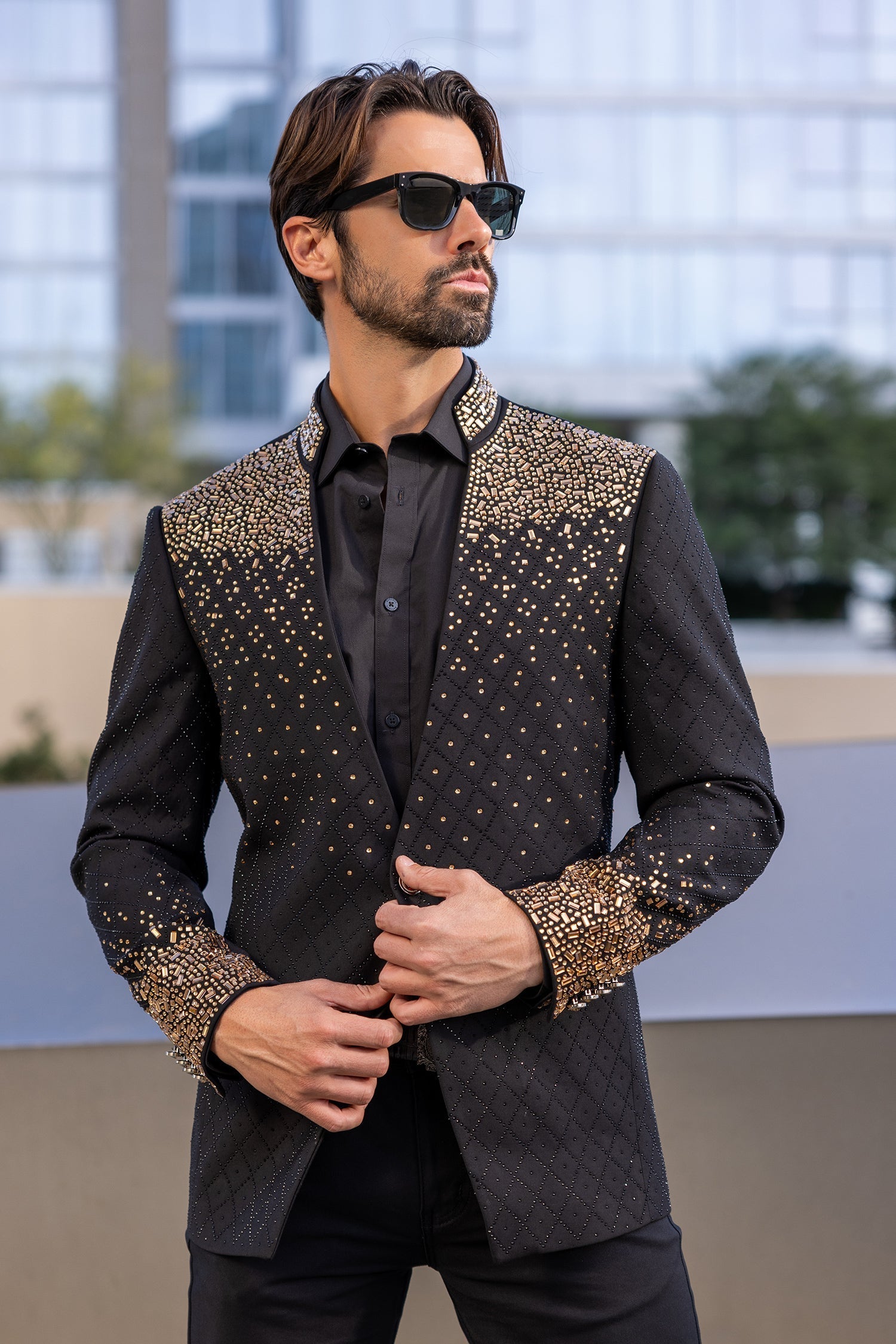 Trivon Rhinestone Blazer with geometric studded pattern