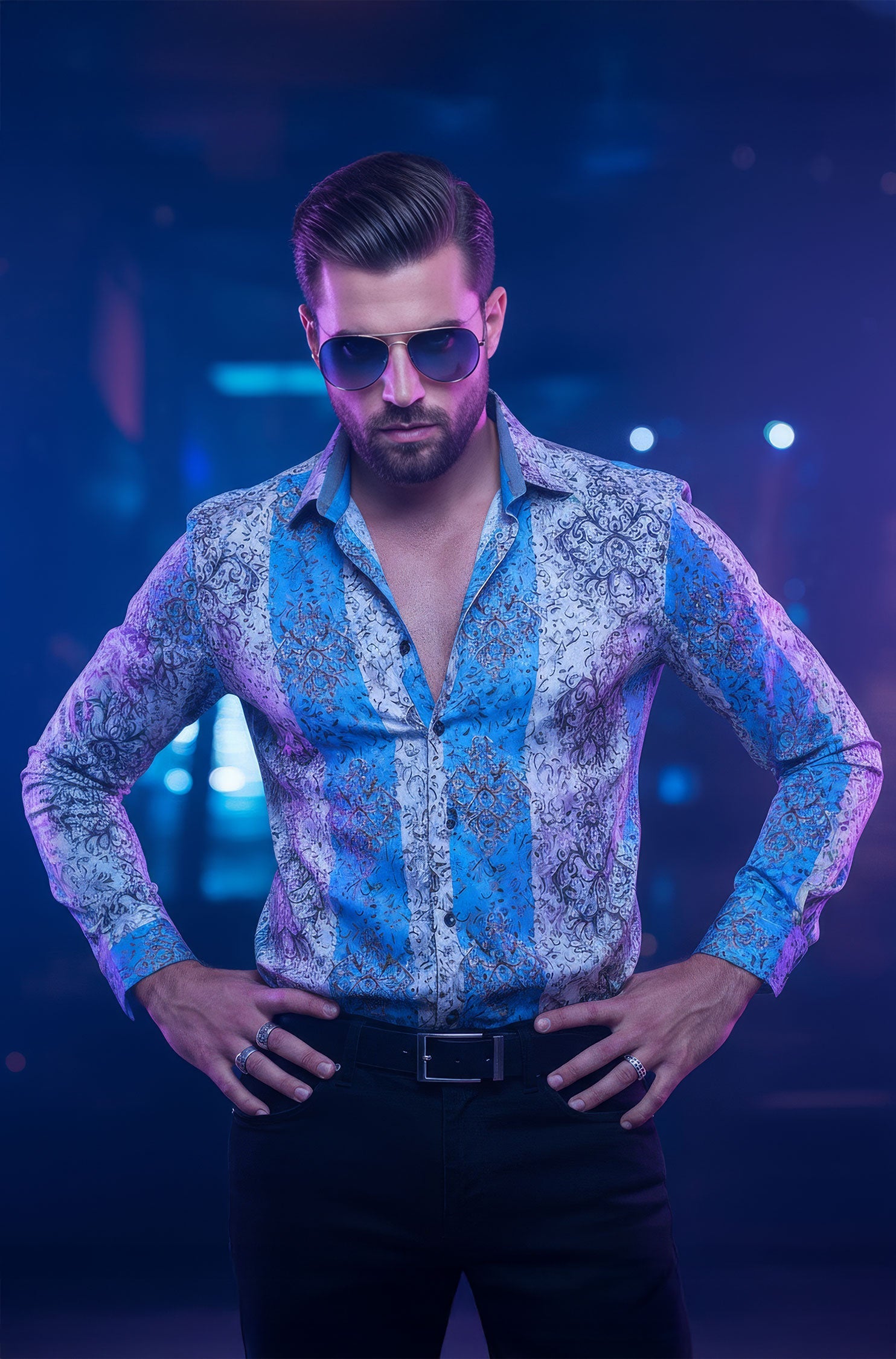 Men's luxury casual shirt in blue floral print paired with smart casual styling for Labor Day weekend