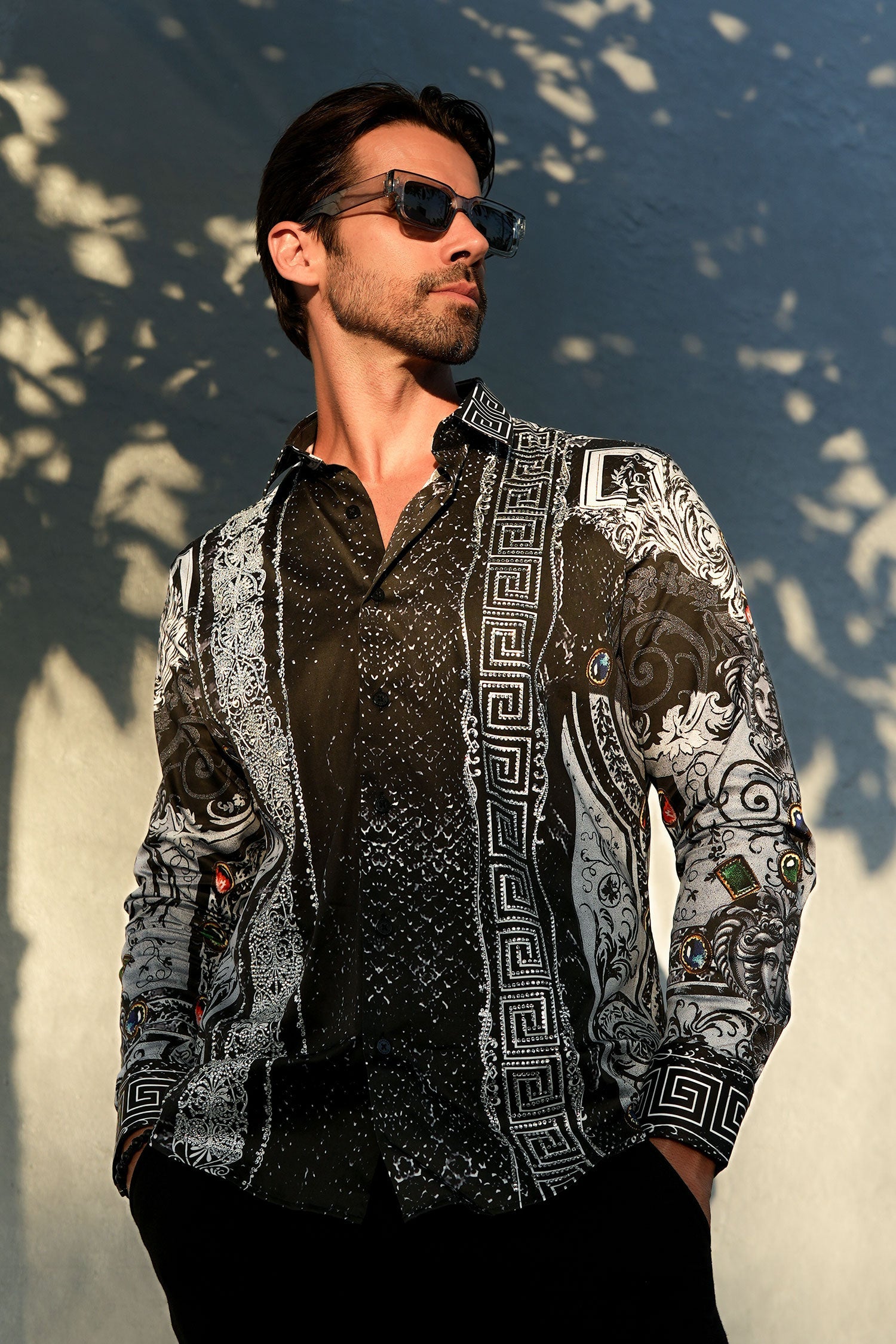BARABAS Summer Night Rhinestone Long Sleeve Shirt in Black - Premium Hand-Embellished Statement Luxury