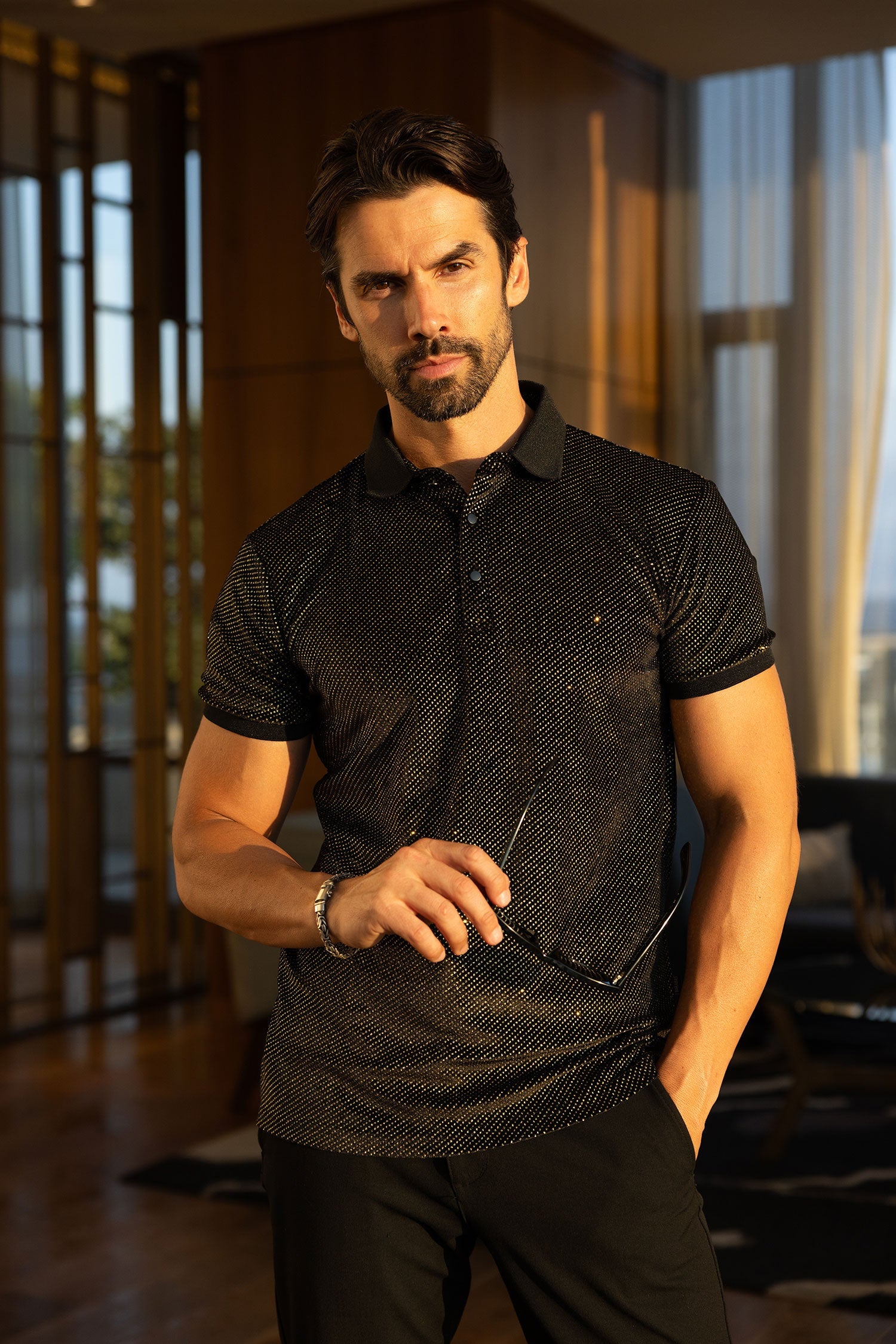 Premium Nuvora Polo Shirt - Shiny Stretch Textured Fabric in Modern Black