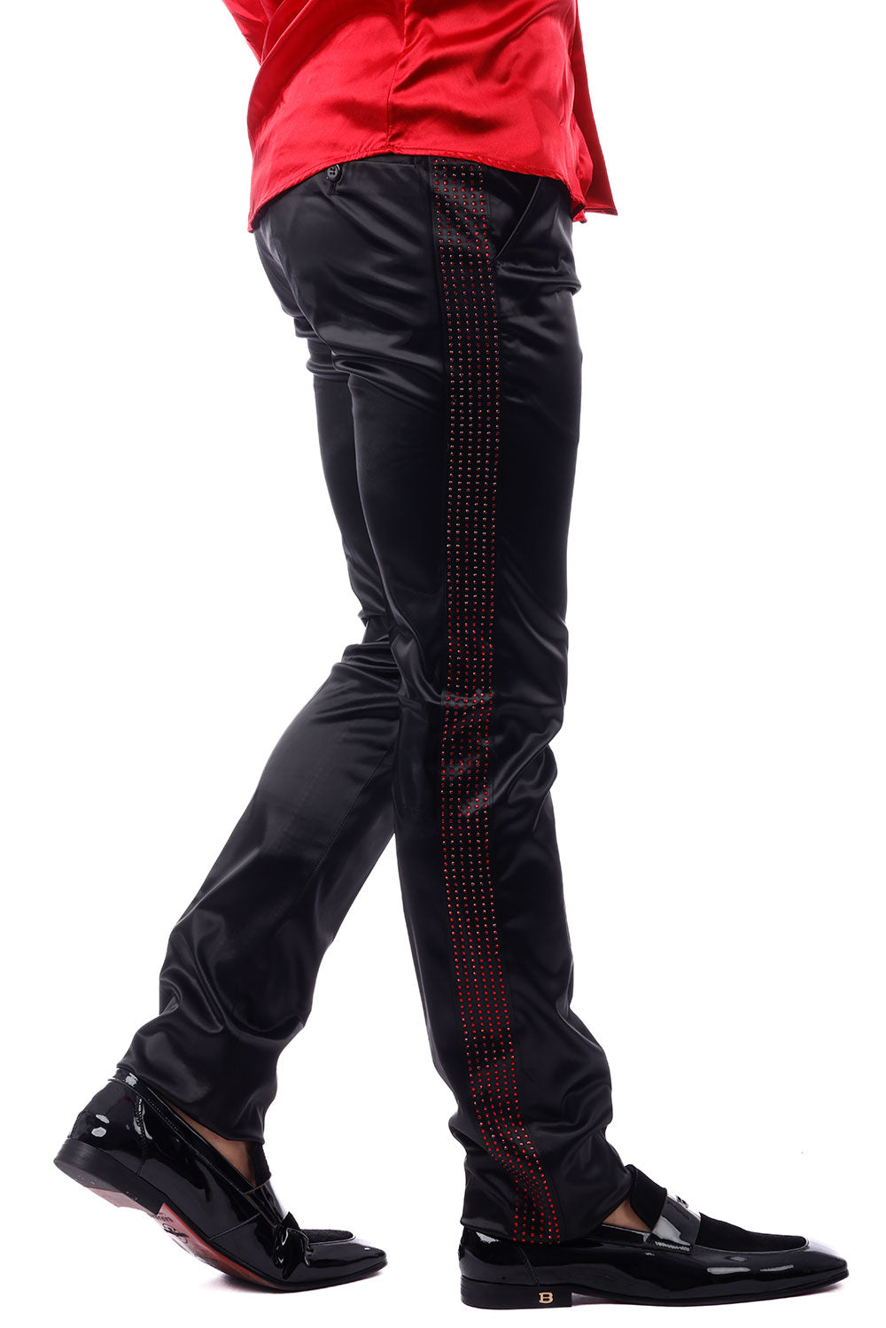 Barabas Men's Rhinestone Shinny Chino Dress Black Red Pants 1815 Black Red
