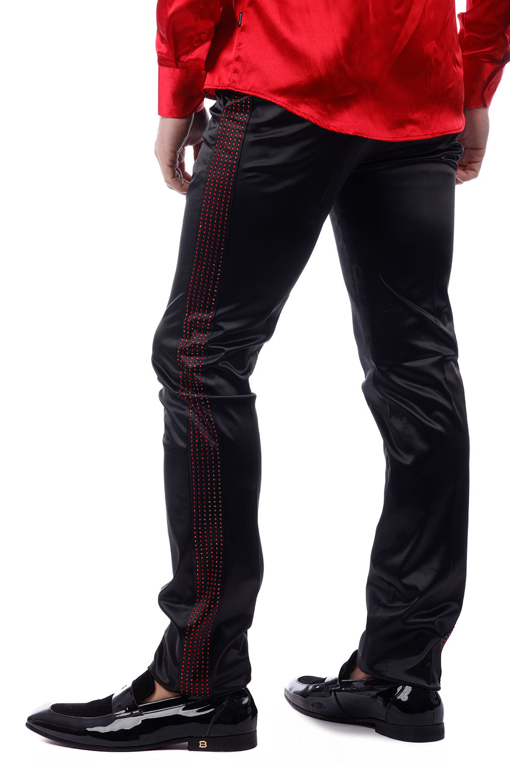 Barabas Men's Rhinestone Shinny Chino Dress Black Red Pants 1815 Black Red