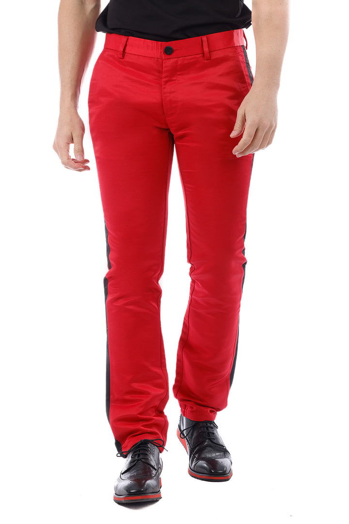 BARABAS men's shinny straight red pants with a side black line 1900 Red Black