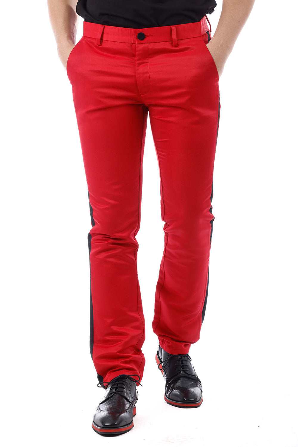BARABAS men's shinny straight red pants with a side black line 1900 Red Black