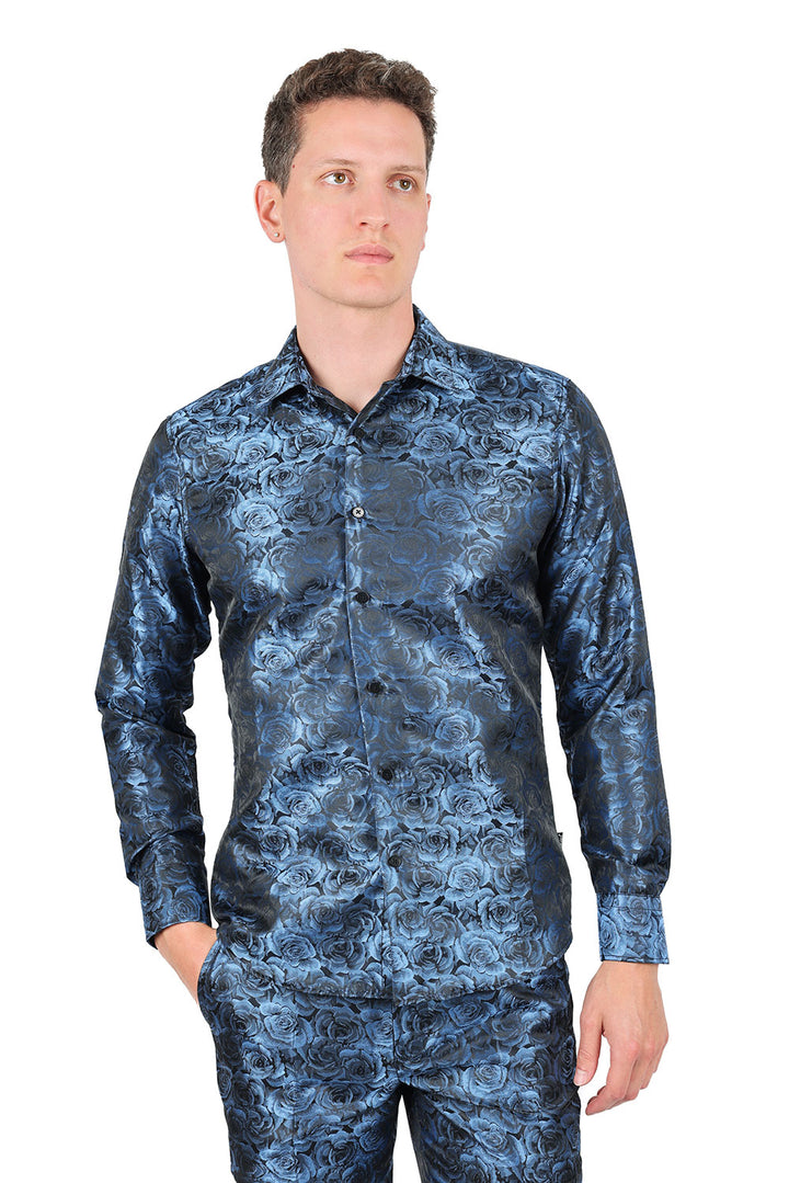Barabas Long Sleeve Floral Men's Button Down Dress Shirts 2B03 Blue