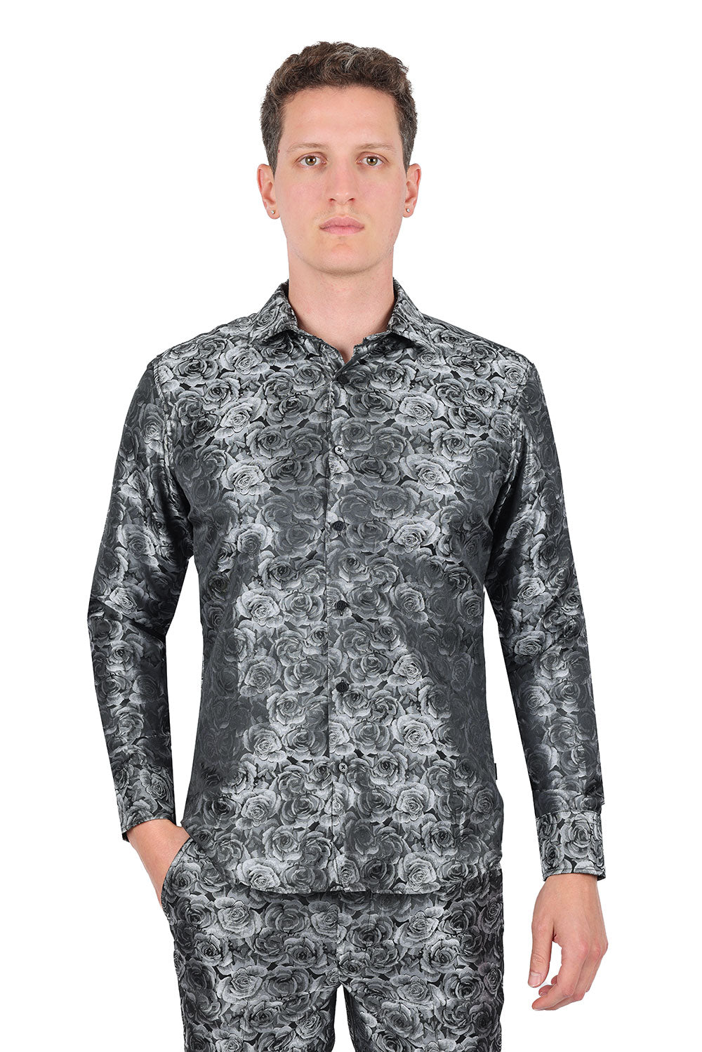 Barabas Long Sleeve Floral Men's Button Down Dress Shirts 2B03 Gray