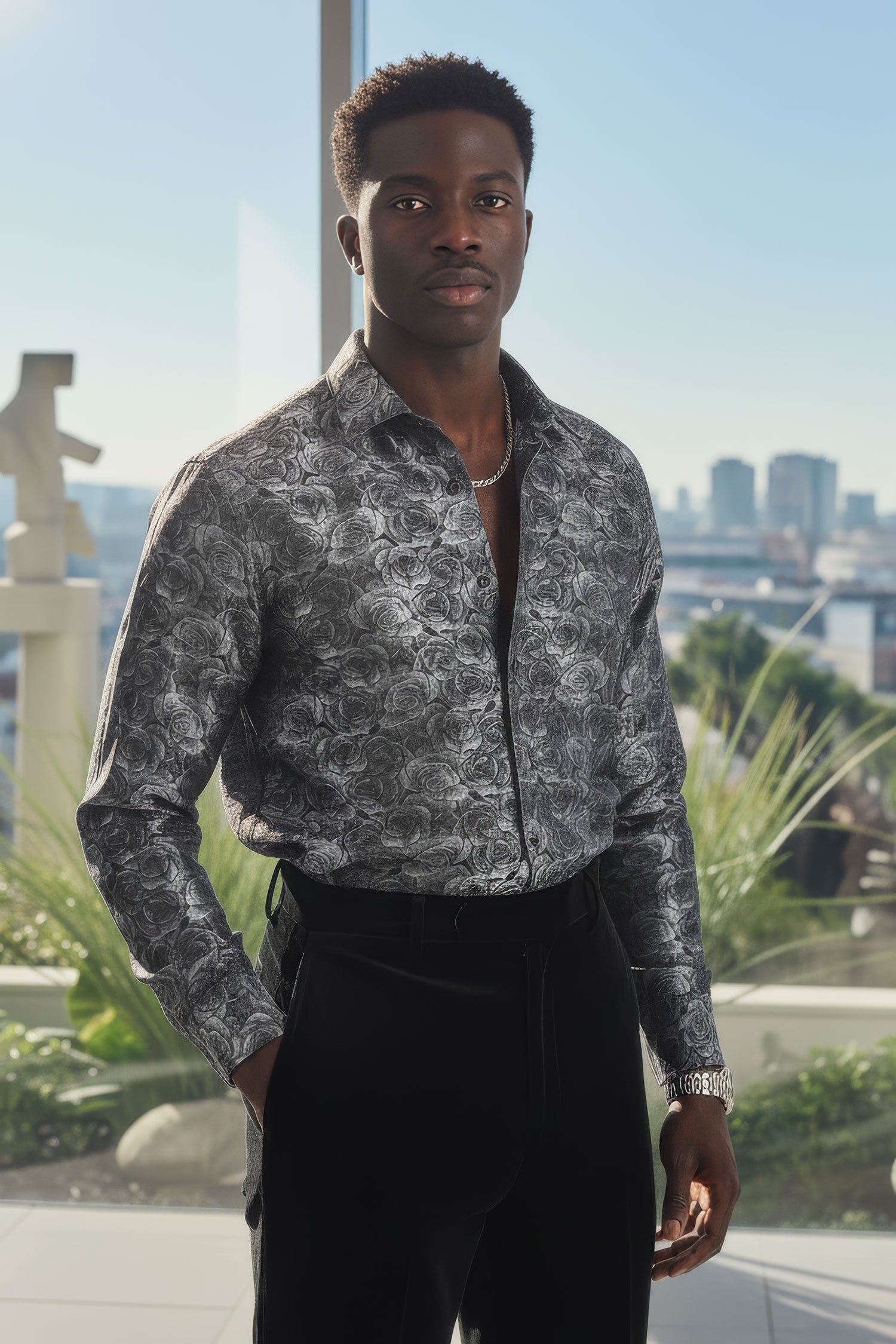 Barabas Long Sleeve Floral Men's Button Down Dress Shirts 2B03 Gray