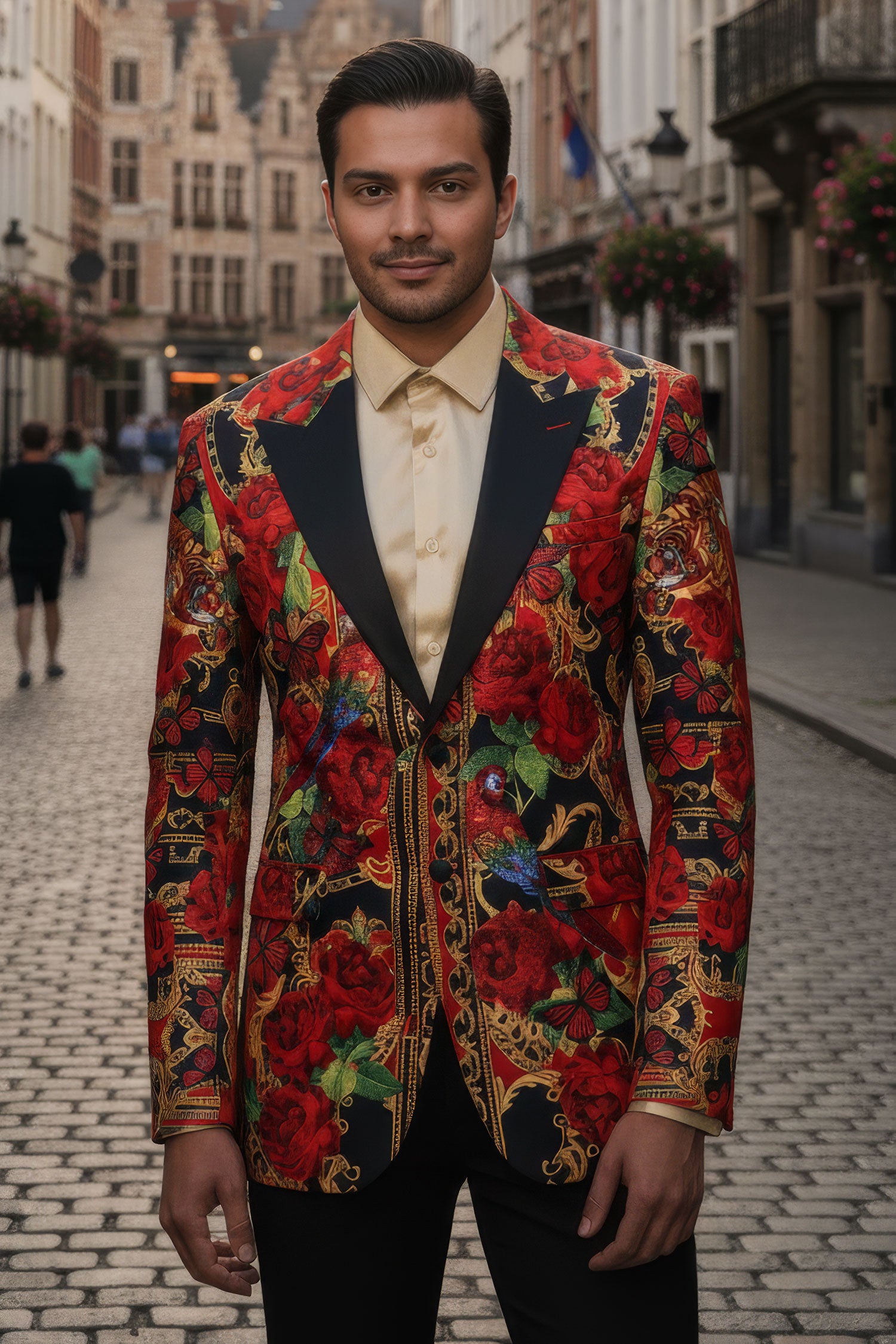 BARABAS Men's Rhinestone Floral Tiger Parrot Notch Lapel Blazer 2BL20