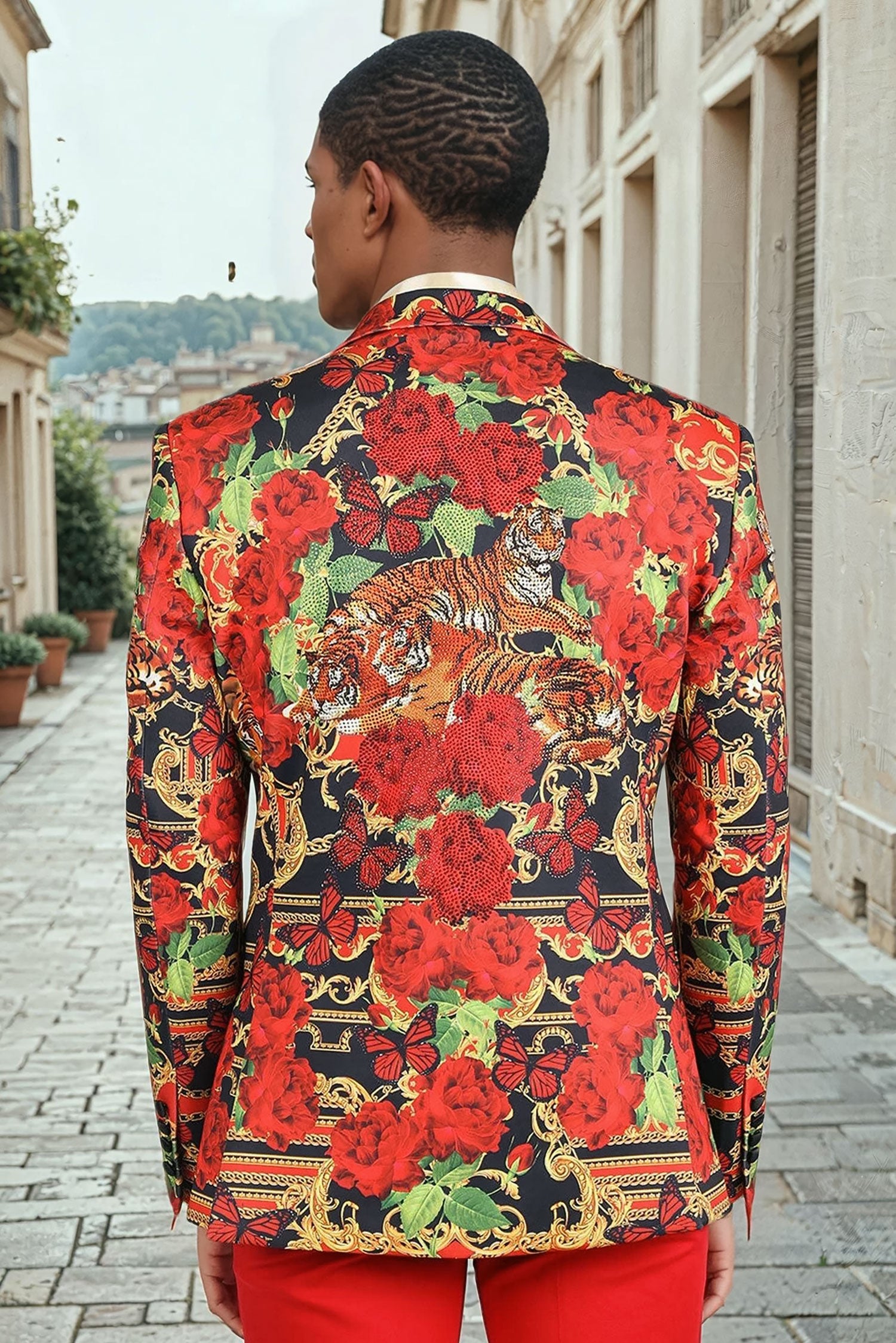 BARABAS Men's Rhinestone Floral Tiger Parrot Notch Lapel Blazer 2BL20