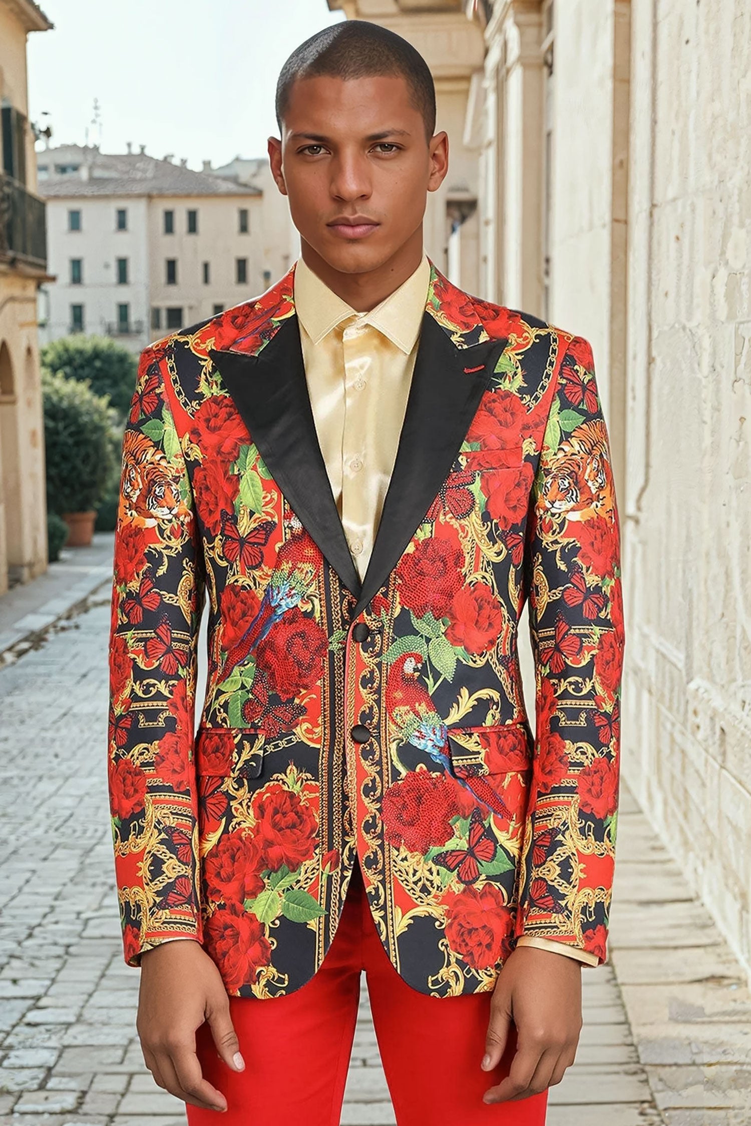 BARABAS Men's Rhinestone Floral Tiger Parrot Notch Lapel Blazer 2BL20