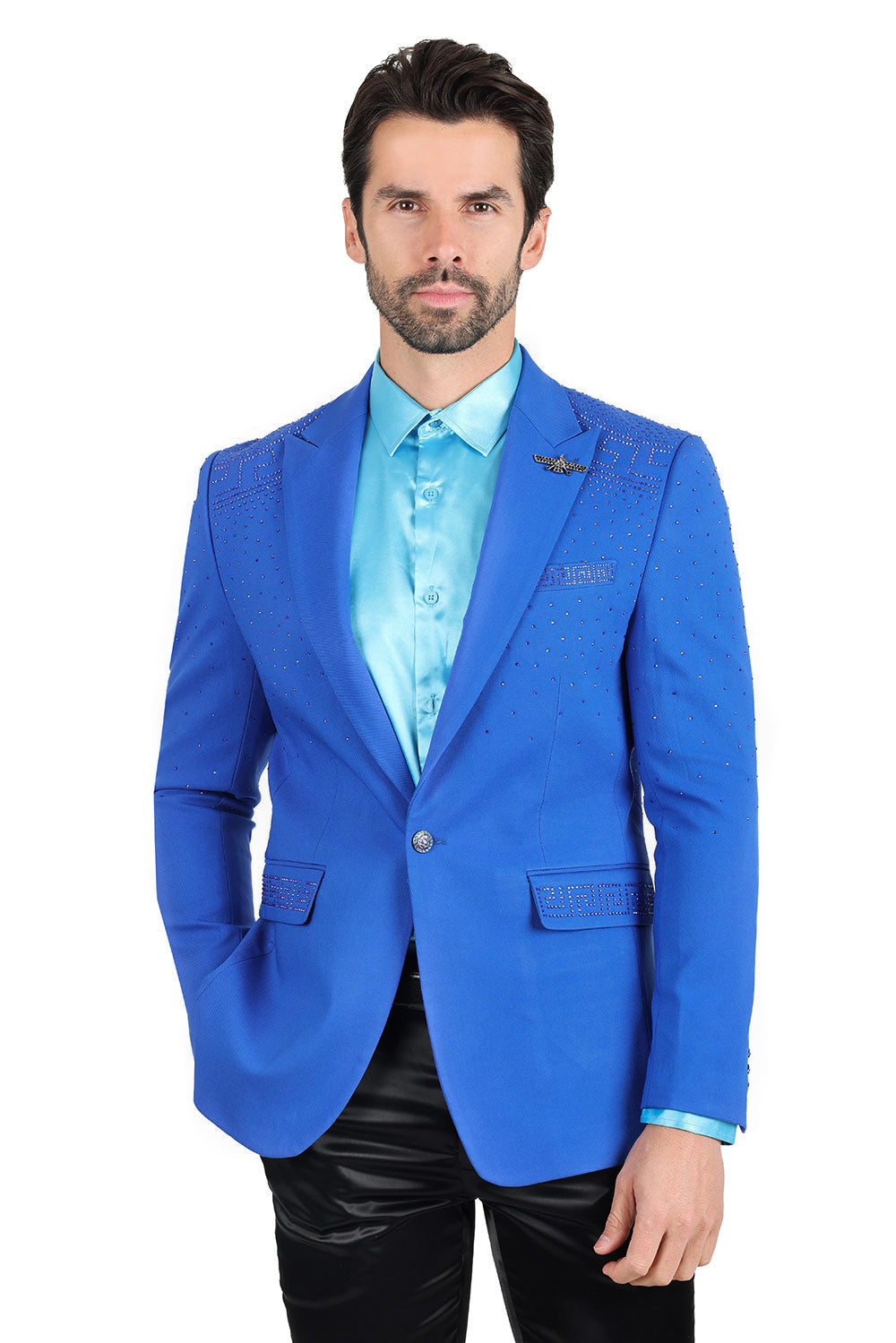 Barabas Men's Rhinestone Medusa Print Design Blazer 2BLR12 Blue