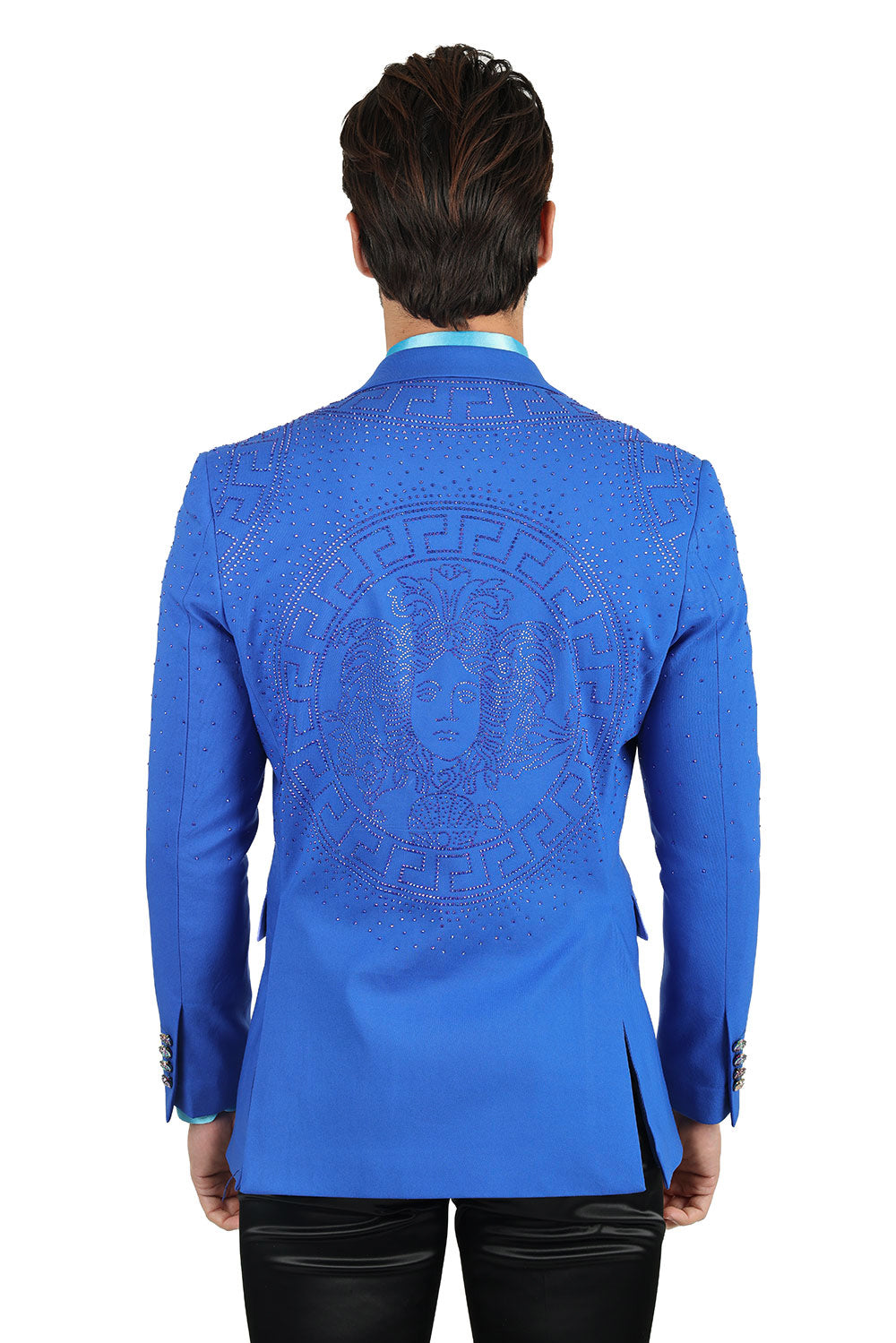 Barabas Men's Rhinestone Medusa Print Design Blazer 2BLR12 Blue