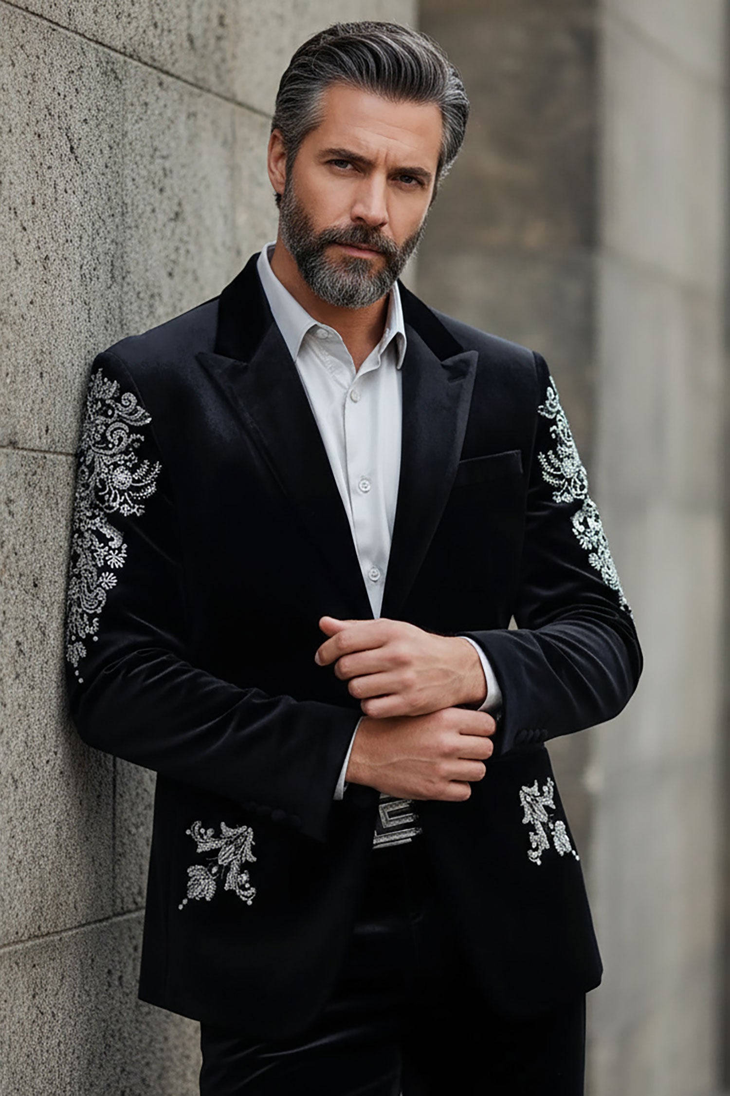 BARABAS Men's Jewels Rhinestone Studs Peak Lapel Velvet Blazer 2BLR2 Black Silver
