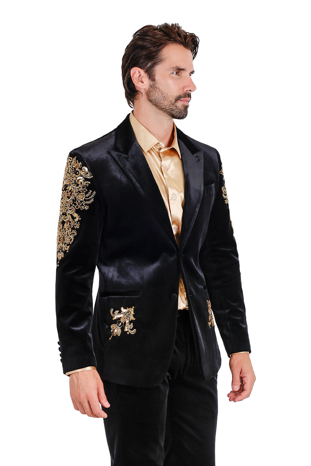 BARABAS Men's Jewels Rhinestone Studs Peak Lapel Velvet Blazer 2BLR2 Black Gold