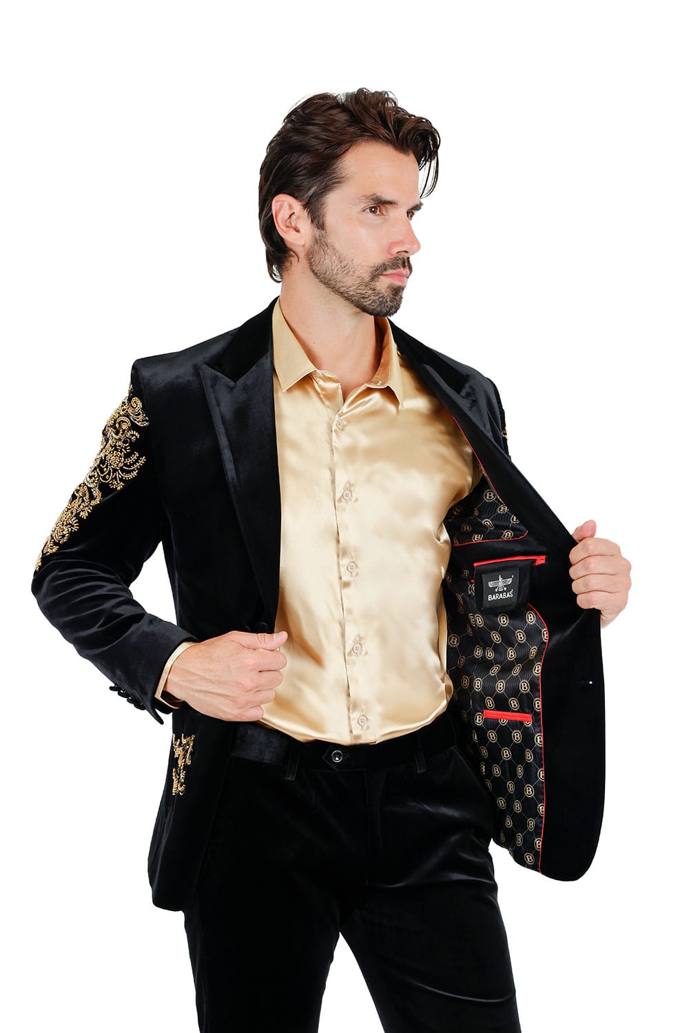 BARABAS Men's Jewels Rhinestone Studs Peak Lapel Velvet Blazer 2BLR2 #Color_Black Gold