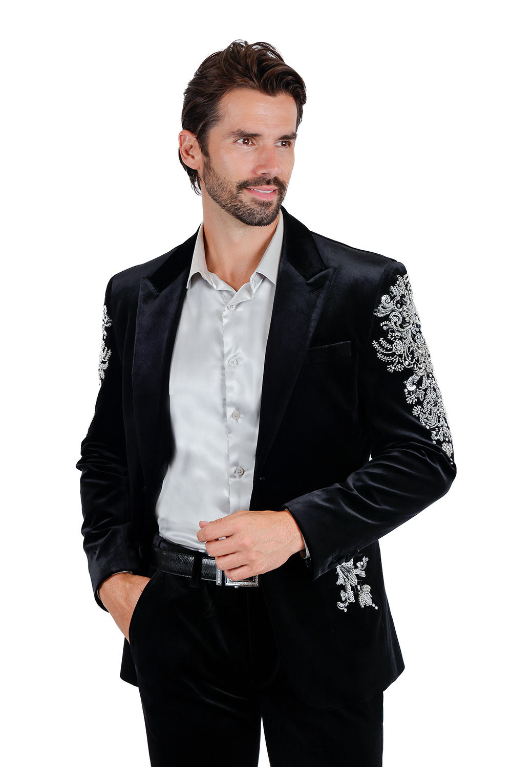 BARABAS Men's Jewels Rhinestone Studs Peak Lapel Velvet Blazer 2BLR2 Black Silver