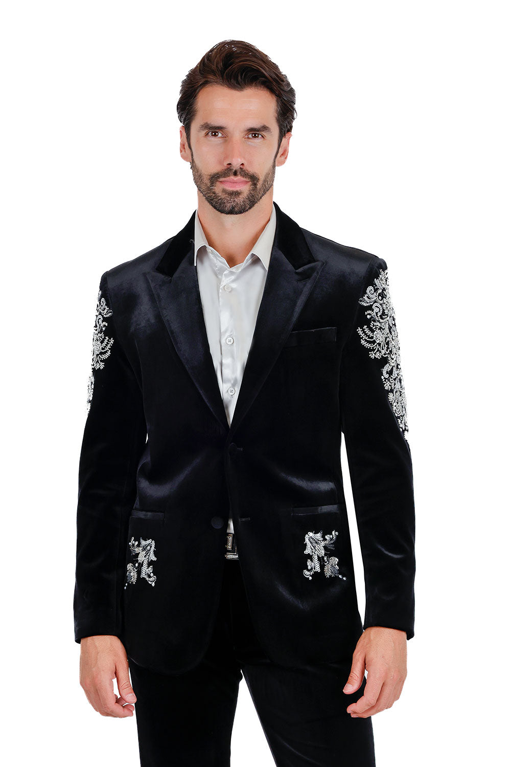 BARABAS Men's Jewels Rhinestone Studs Peak Lapel Velvet Blazer 2BLR2 Black Silver