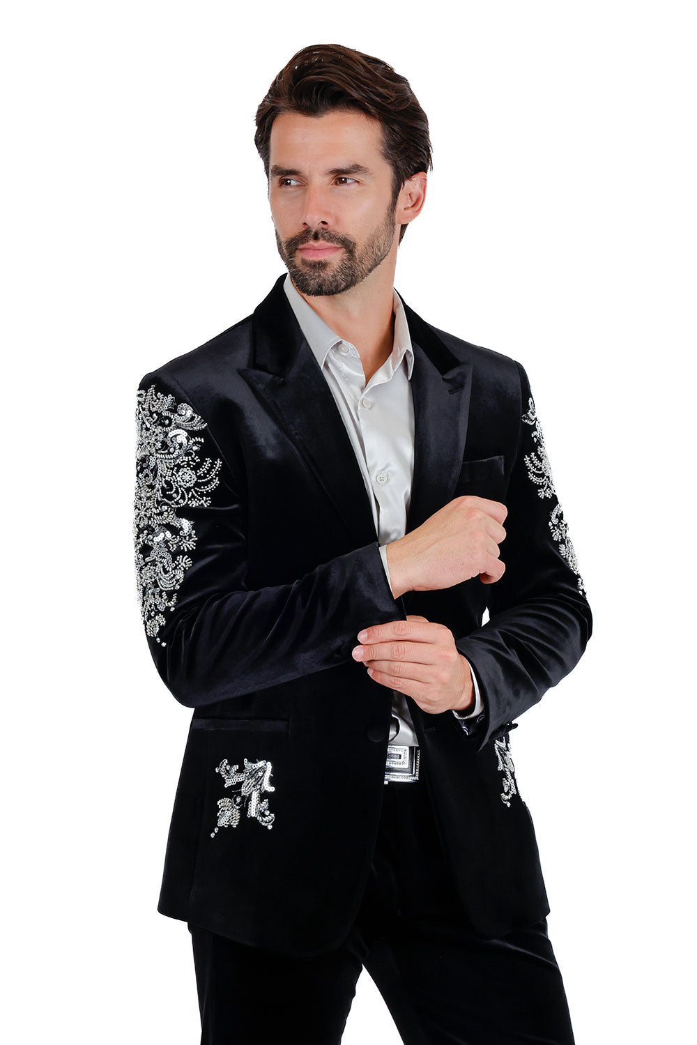 BARABAS Men's Jewels Rhinestone Studs Peak Lapel Velvet Blazer 2BLR2 Black Silver