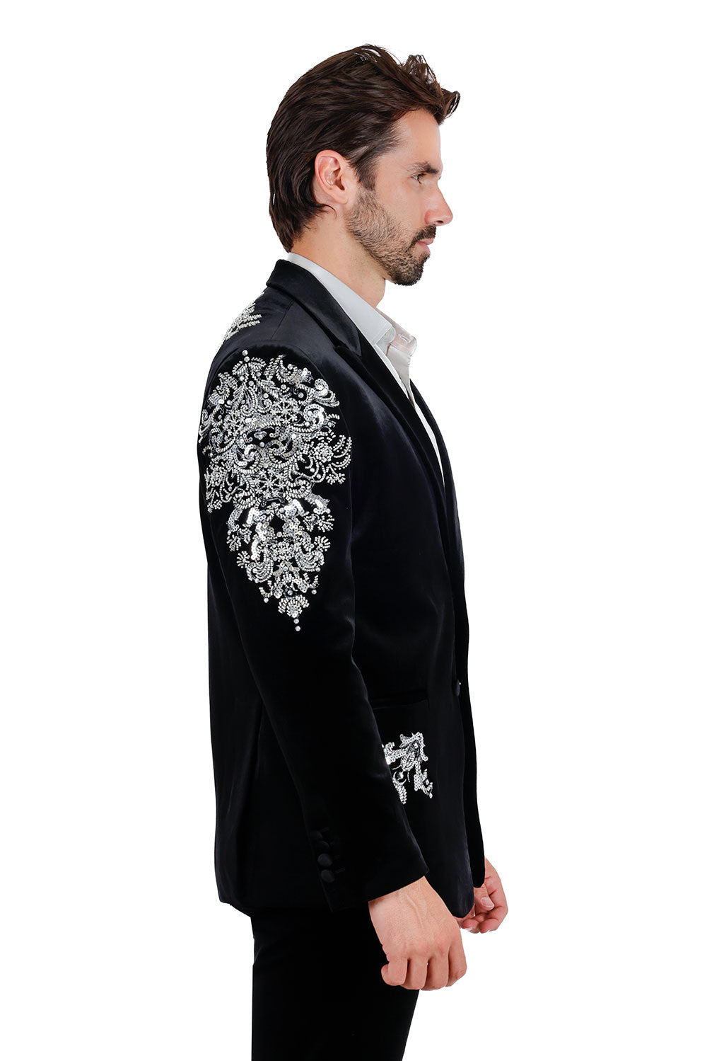 BARABAS Men's Jewels Rhinestone Studs Peak Lapel Velvet  Blazer 2BLR2 Black Silver