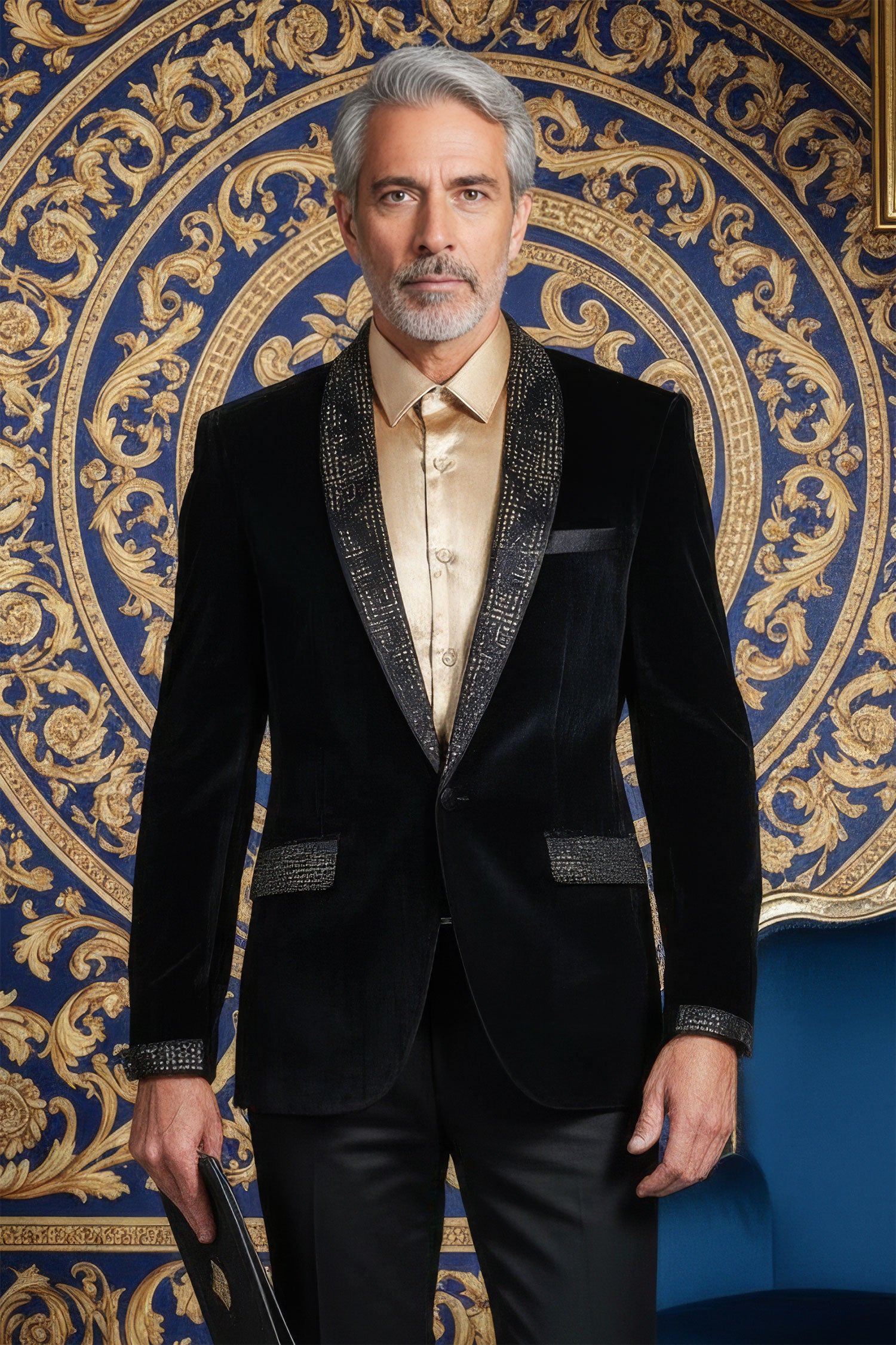 Barabas Mens Rhinestone Greek Key Luxury Dress Velvet Blazer 2BLR3 Black Gold