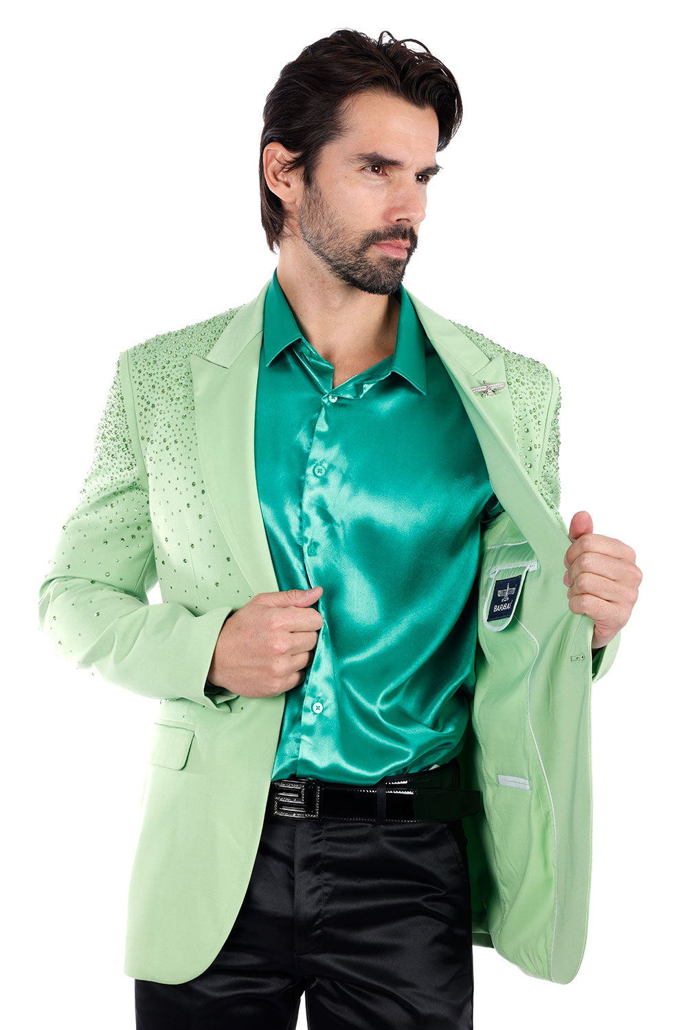 Barabas Men's Rhinestone Matte Color Notch Lapel Casual Blazer 2BLR6 Green