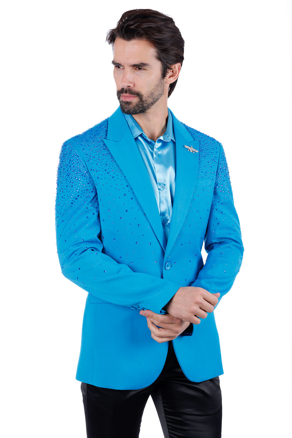 Barabas Men's Rhinestone Matte Color Notch Lapel Casual Blazer 2BLR6 Light Blue